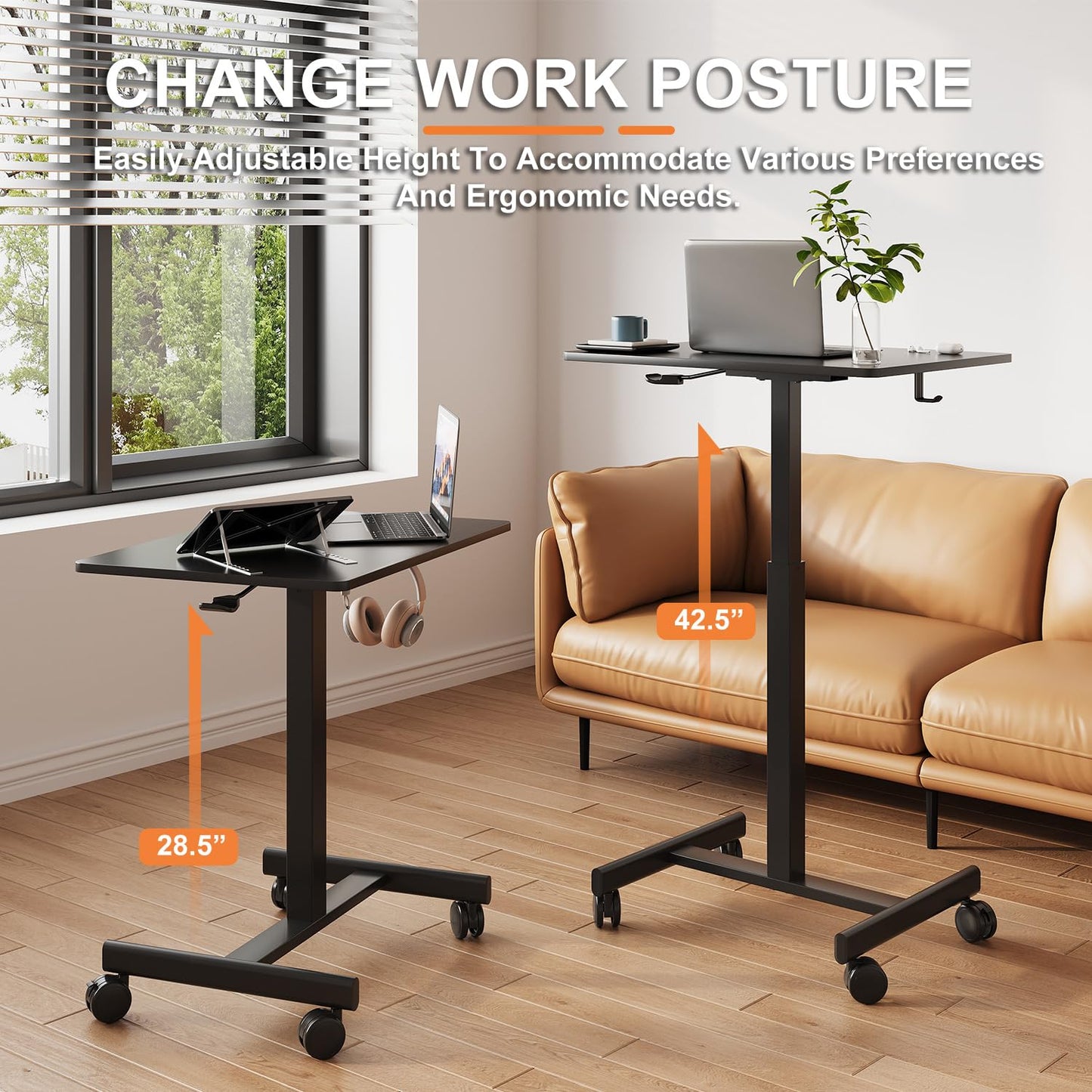 Gamork 18.9 * 25.6 inch Mobile Standing Desk,T Shaped Pneumatic Adjustable Height Stand Up Desk,with Lockable Wheels,Ergonomic Standing Side Table for Home Office Work Computer Workstation Black+Gray