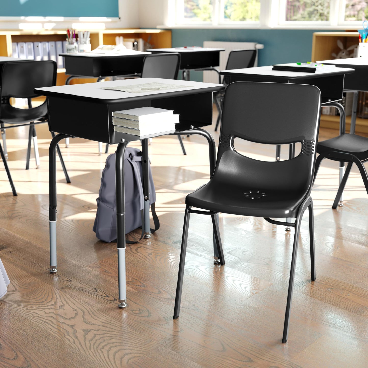 Flash Furniture Hercules Student Desk with Open Front Metal Book Box, Desktop, and Frame and Heavy-Duty Flex Comfort Classroom Stack, Set of 1, Gray Top/Black Chair