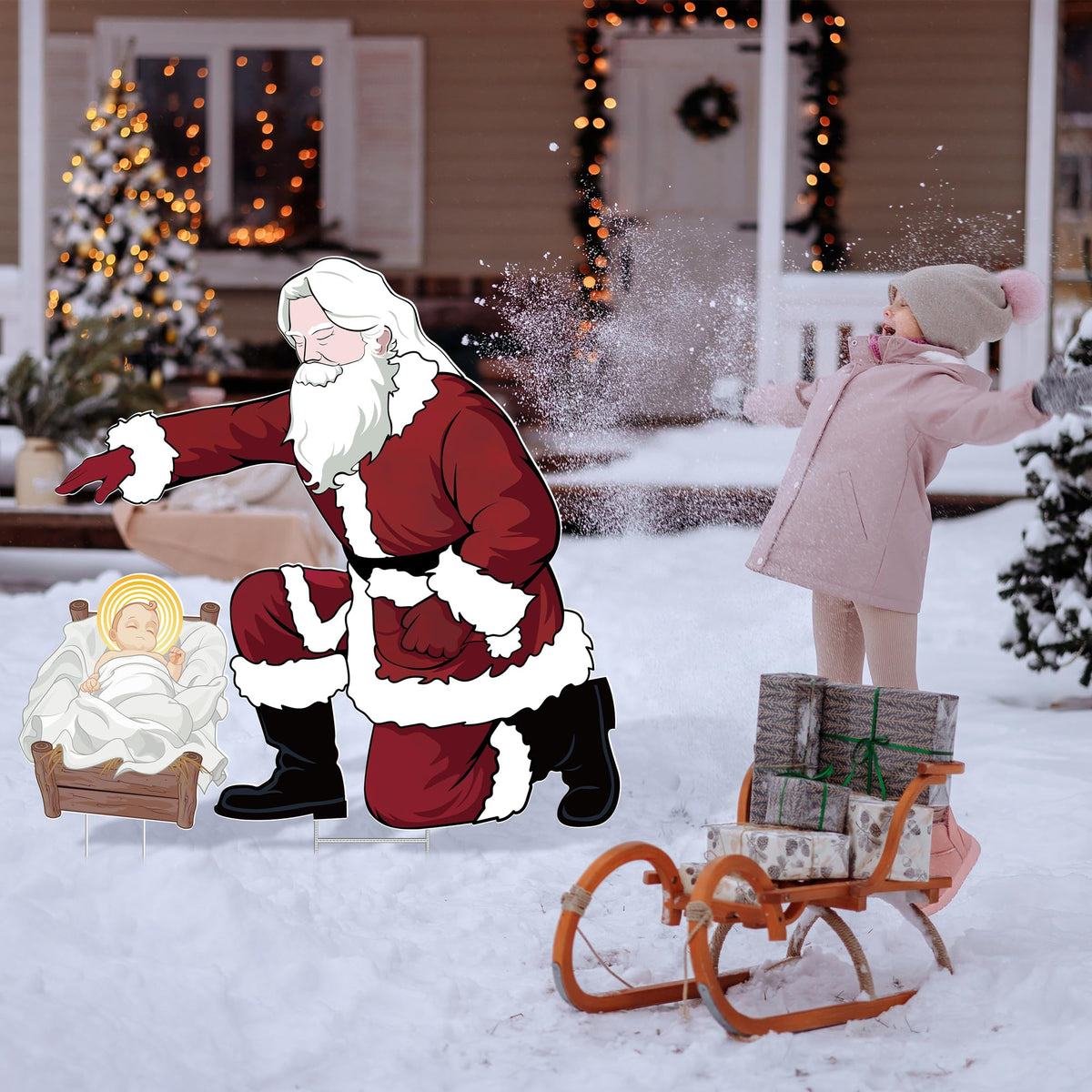 Santa Jesus Nativity Yard Sign Large 90cm Tall Weatherproof Religious Santa Holy Jesus Birth Christian Nativity Scene with Metal Stakes for Outdoor Christmas Holiday Lawn Home Garden Yard Decor