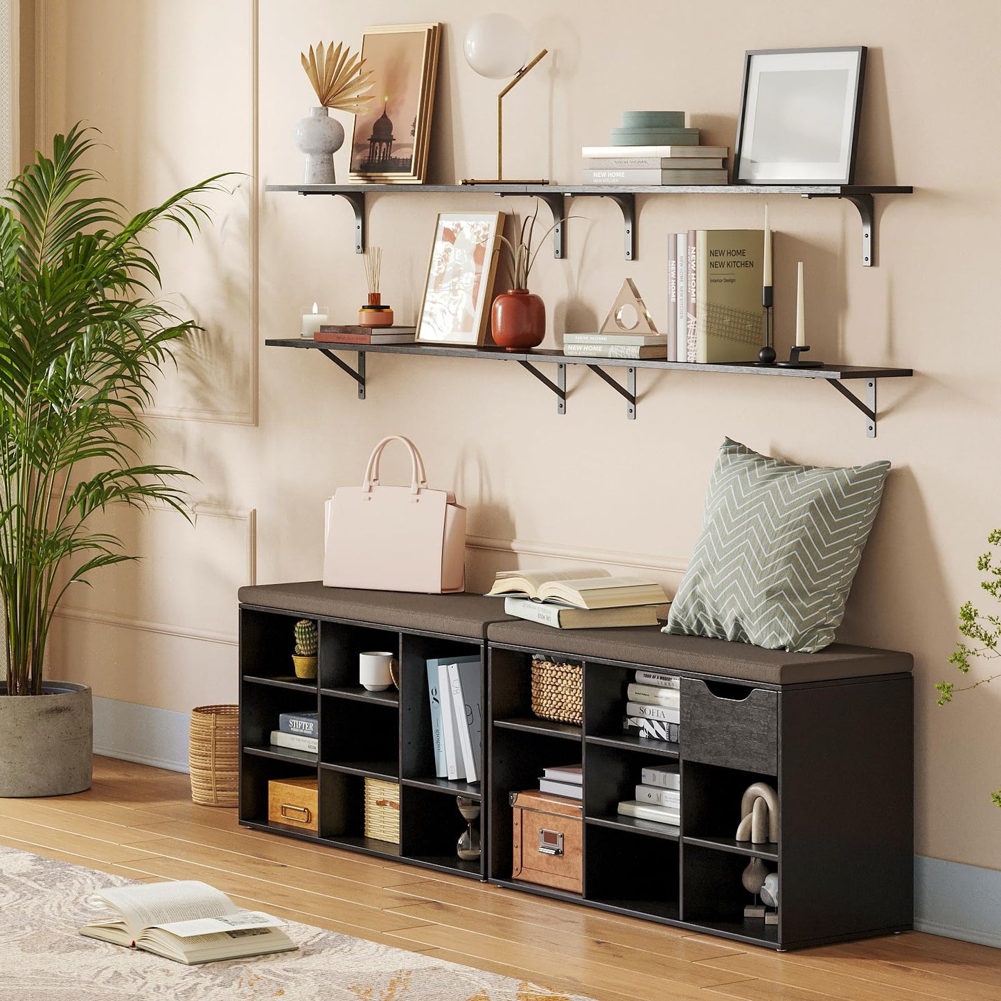DINZI LVJ Shoe Bench, 9 Cubbies Shoe Organizer for Entryway, Storage Bench with Cushion, Cubby Shoe Rack with Adjustable Shelves for Living Room, Bedroom, Mudroom, Hallway, Espresso