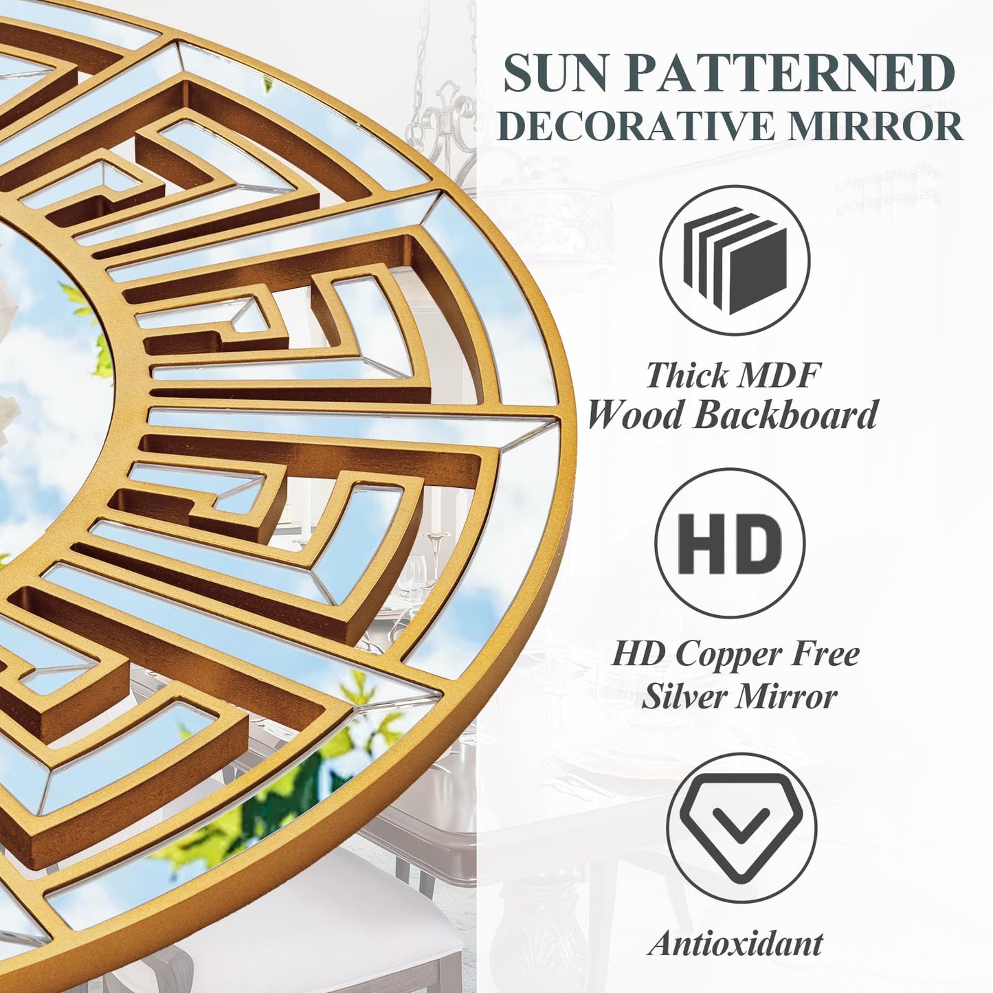 Autdot 31.5"x31.5" Gold Round Mirror with Decorative Geometric Pattern, Accent Wall Mounted Mirror for Modern Living Room, Dining Room, Bedroom, Entryway