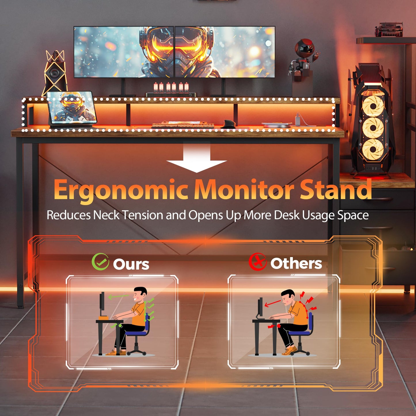 Mericonia 60 inch Gaming Desk with LED Lights & Power Outlets, Reversible Computer Desk with Storage Drawers & Monitor Stand, Large Gaming Table for Home Office