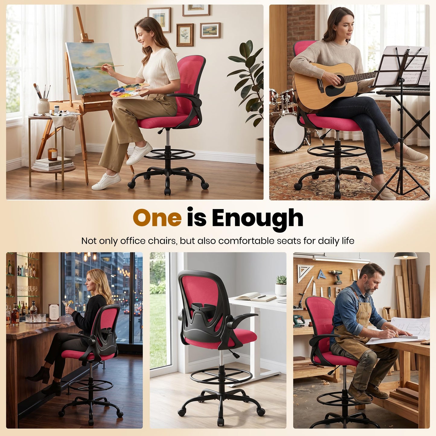 Primy Drafting Chair Tall Office Chair with Flip-up Armrests Executive Ergonomic Computer Standing Desk Chair with Lumbar Support and Adjustable Footrest Ring (Fire Brick)
