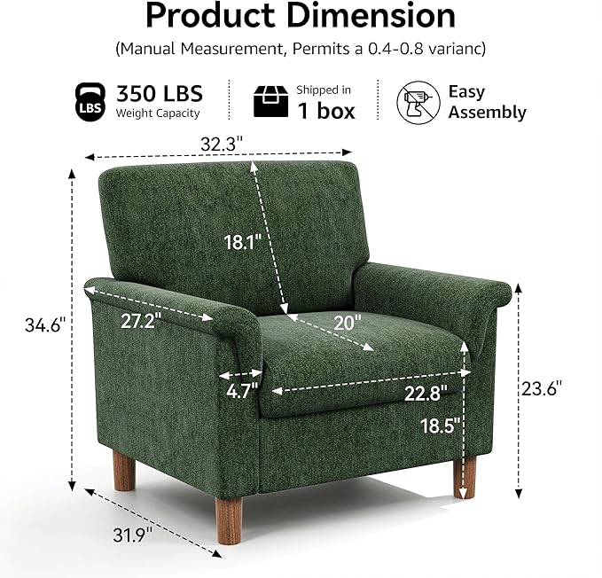 Mid Century Modern Accent Chair, Chenille Comfy Living Room Arm Chairs