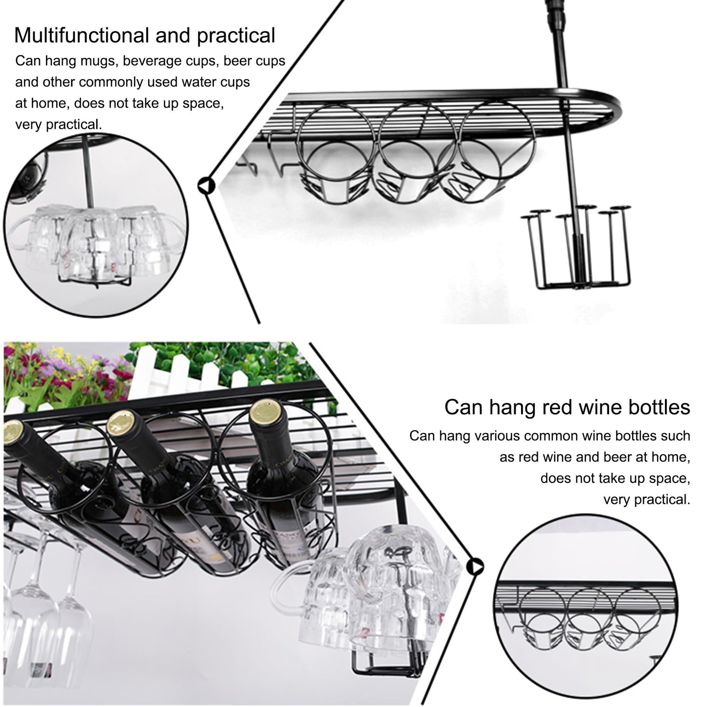 GYRHNNP Wine Rack Wall Mounted with Glass Holder and Liquor Bottle Display Shelf Mini Bar Organizer for Home Bar Dining Room Kitchen or Cafe Black 60cm