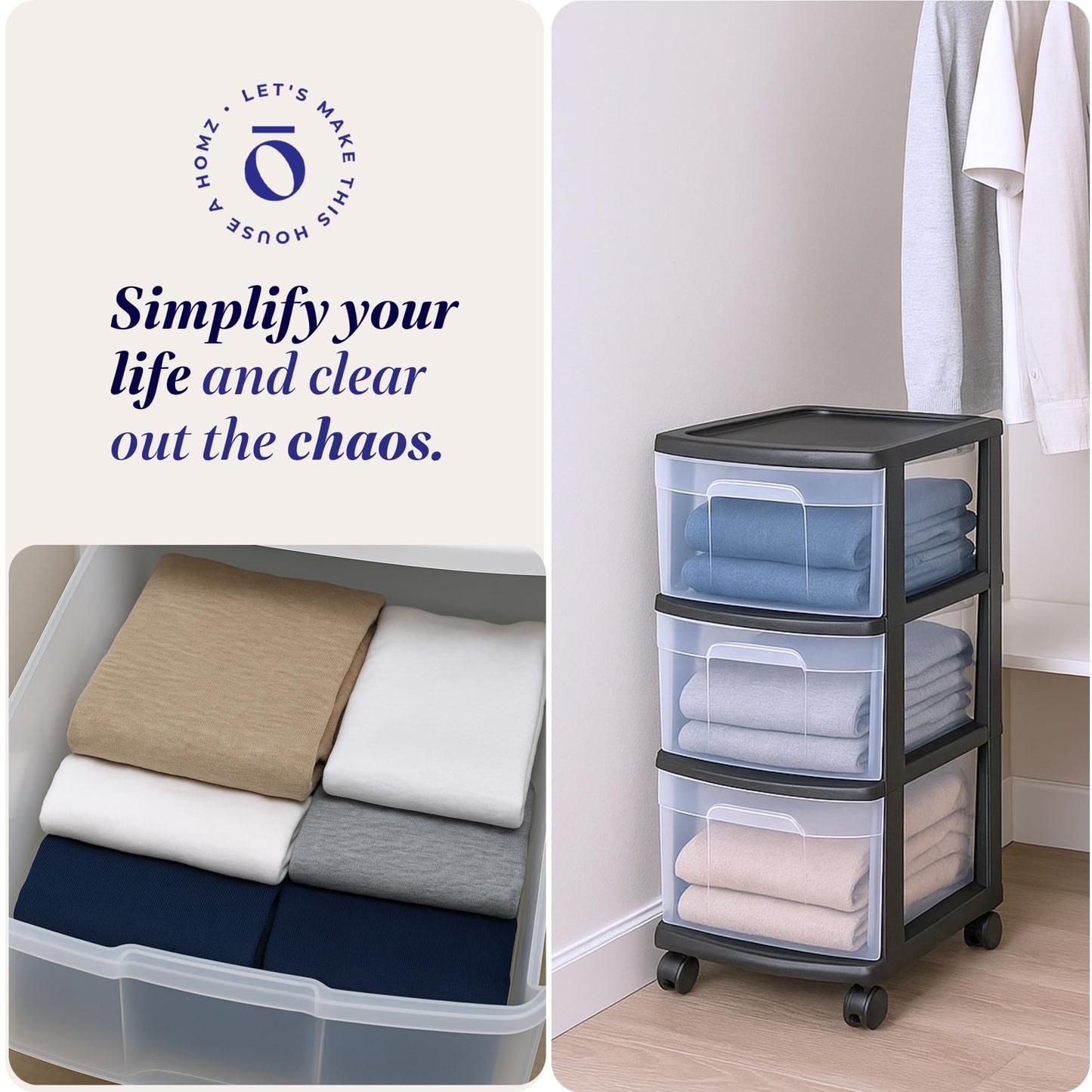 HOMZ Drawer Tower, 3-Tier Clear Plastic Storage Organizer Cart, Black Frame – Organizing Containers with Wheels for Home, Bathroom, Bedroom, Office, and Classroom