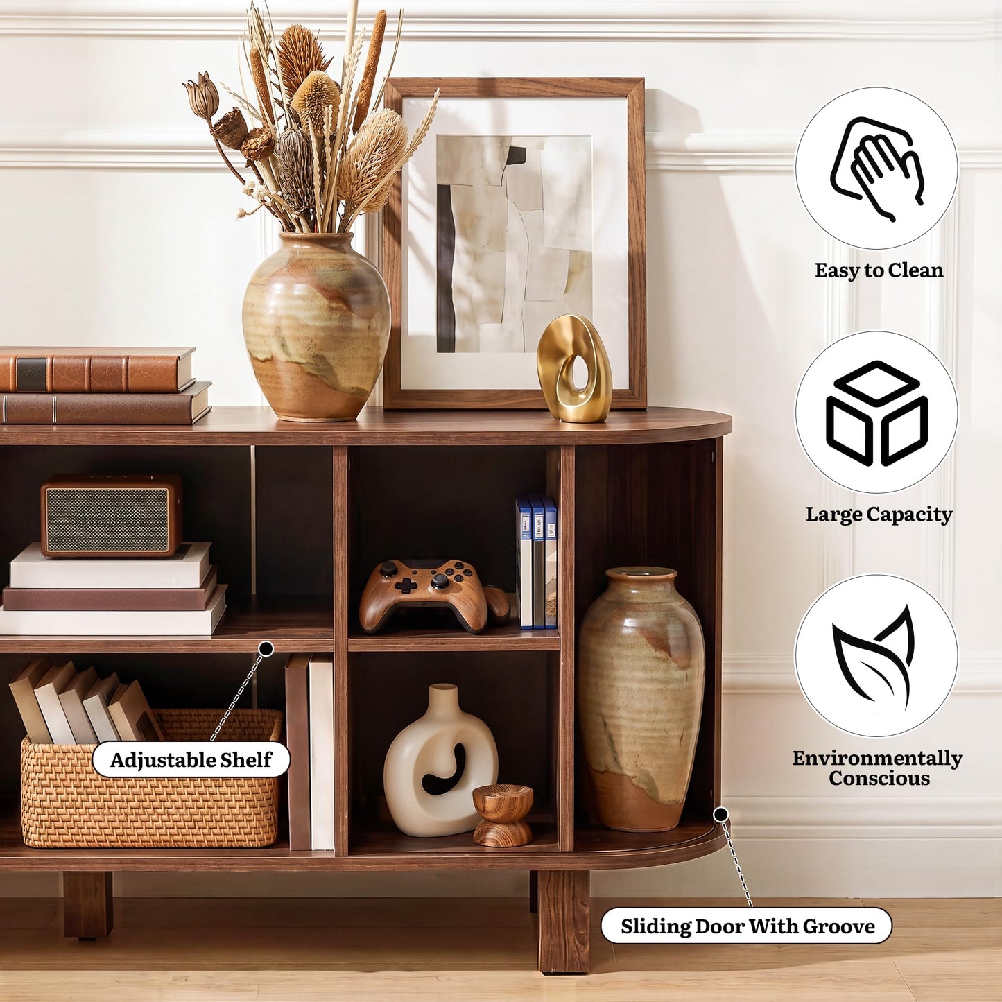YITAHOME Mid Century Modern TV Stand, 70 inch Entertainment Center with Storage and Fluted Sliding Doors, Adjustable Shelves Media Console for 75 Inch TV, TV Stands for Living Room, Walnut