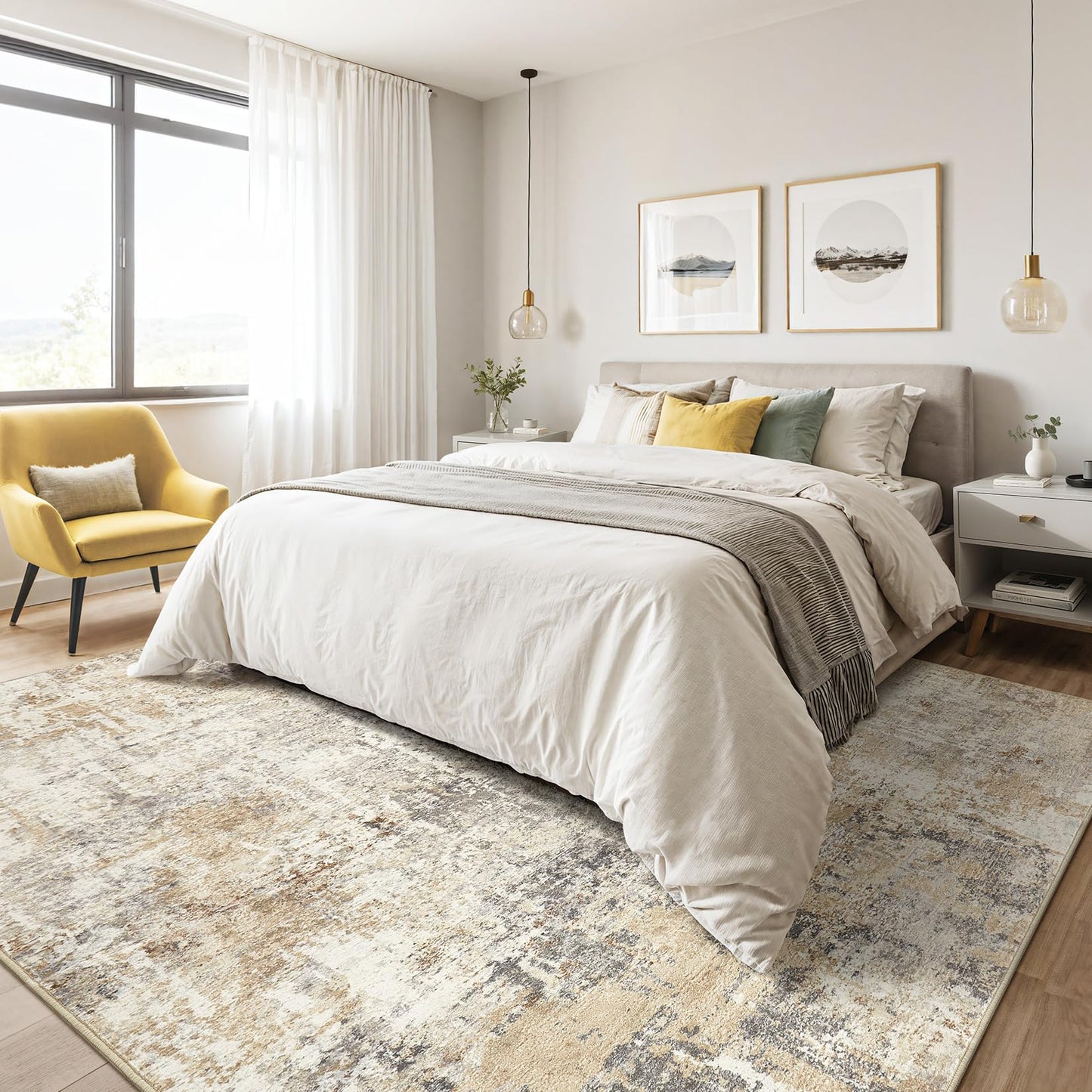 8x10 Area Rugs Living Room: Washable Large Abstract Neutral Modern Soft Rug Stain Resistant Indoor Floor Non-Slip Accent Carpet for Bedroom Nursery Playroom Dining Room Office Dorm Home- Grey Gold