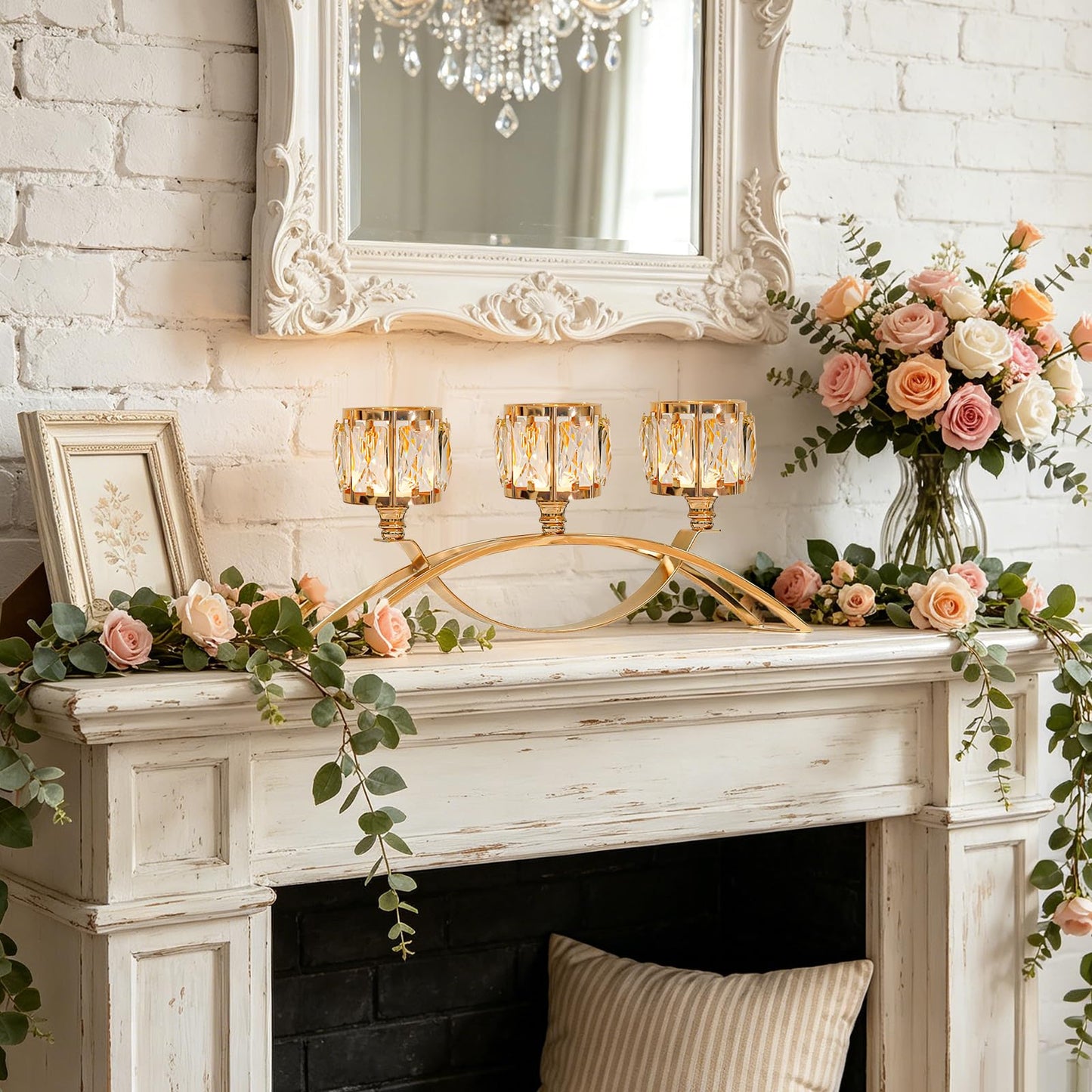 KEHAIL 3 Arms Crystal Candle Holders, Arch Candlestick Table Candelabras Centerpieces for Wedding, Dinning Room, Cabinet Ornaments, Home Decoration， Gift (Gold, 2 Pcs-3 Arm Arched)