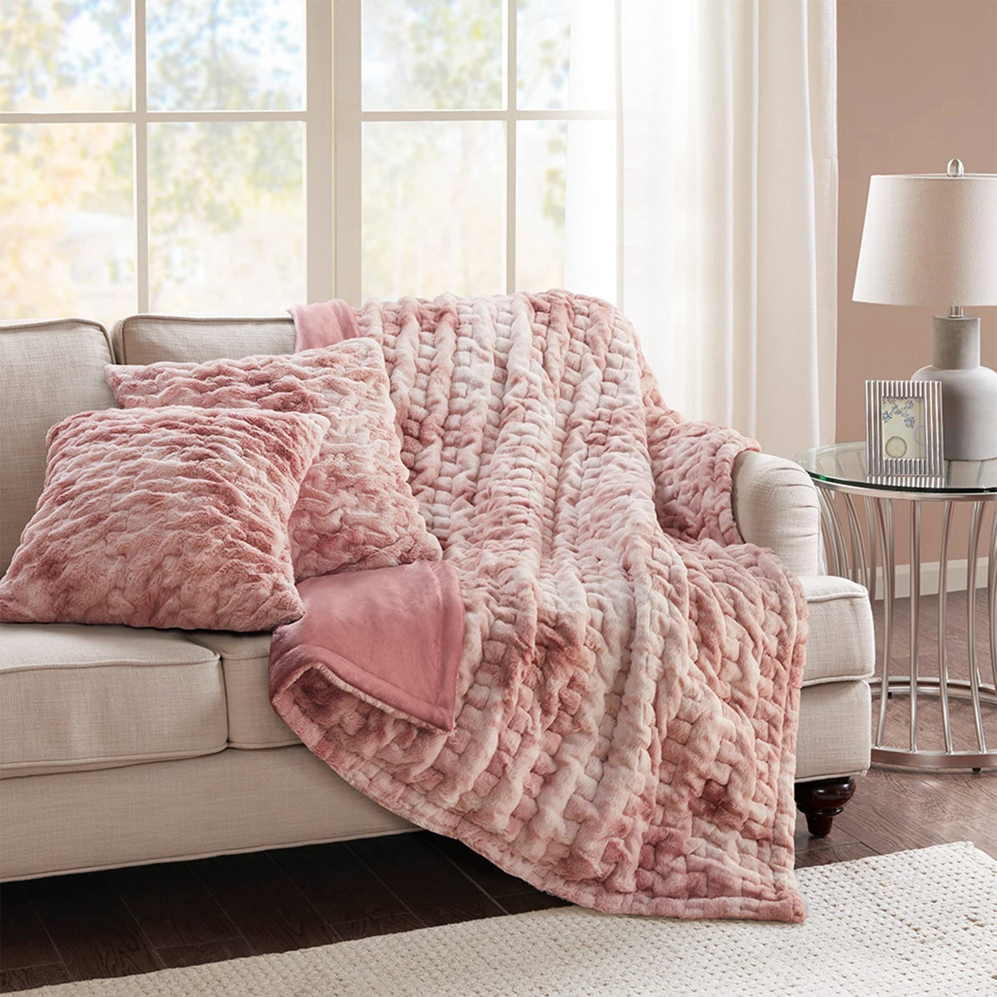 Comfort Spaces Ruched Faux Fur Plush Throw Blanket and Pillow Set with 2 Matching Square Pillow Covers Sofa Throw Blanket for Living Room, Chair, Couch, Home Office Fuzzy Soft Blush Tie Dye 50"x 60"