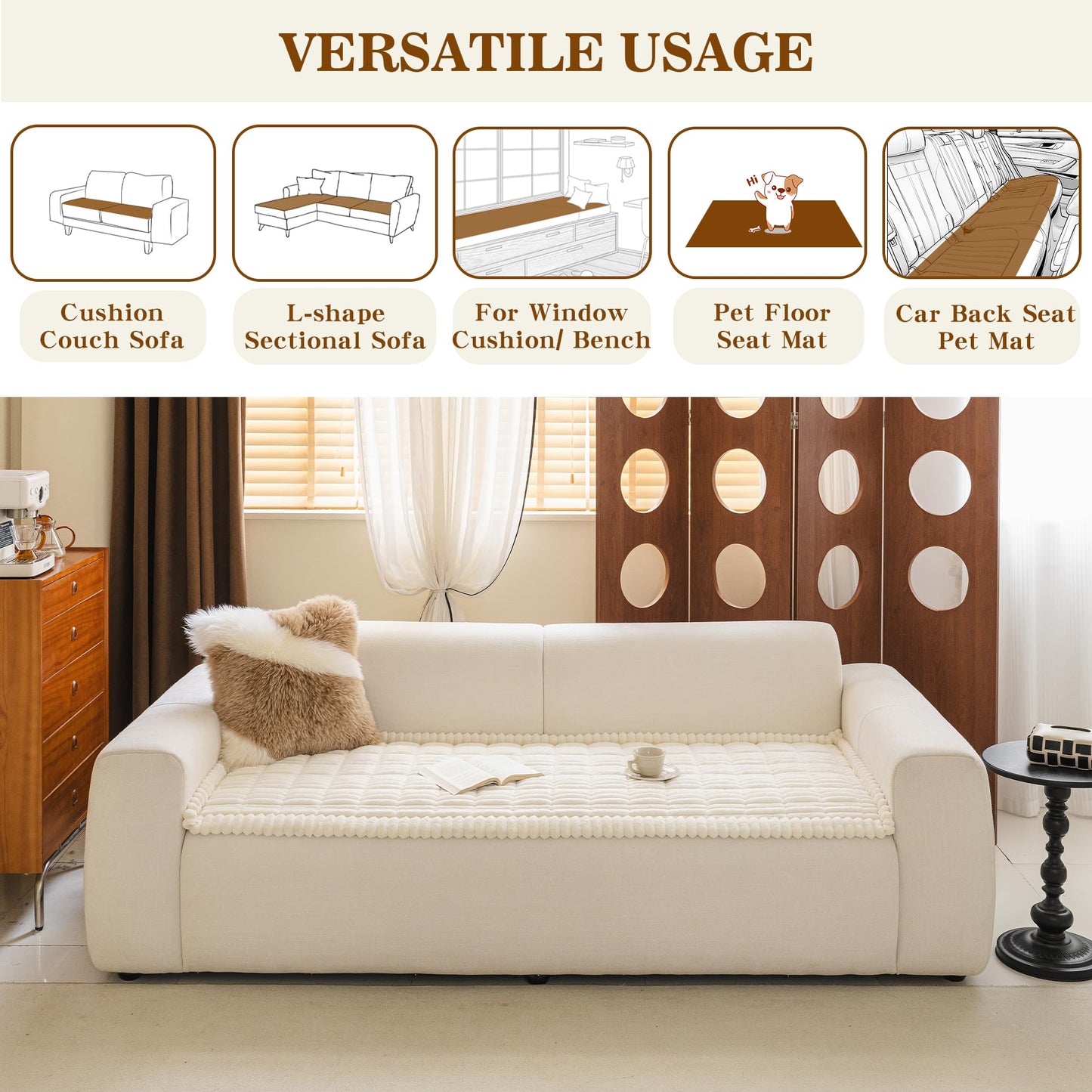 MYSKY HOME Couch Covers for Sofa, L Shaped Couch Cover, Couch Cover for Dogs, Sofa Covers for Pets Washable, Non Slip Sofa Slipcovers, Leather Sofa Cover Loveseat Couch Covers, Cream, 27.6" x 59"