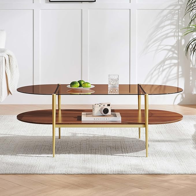 LumFurn X-Large Oval Glass Coffee Table, Mid-Century Modern Design, L47 x W24 x