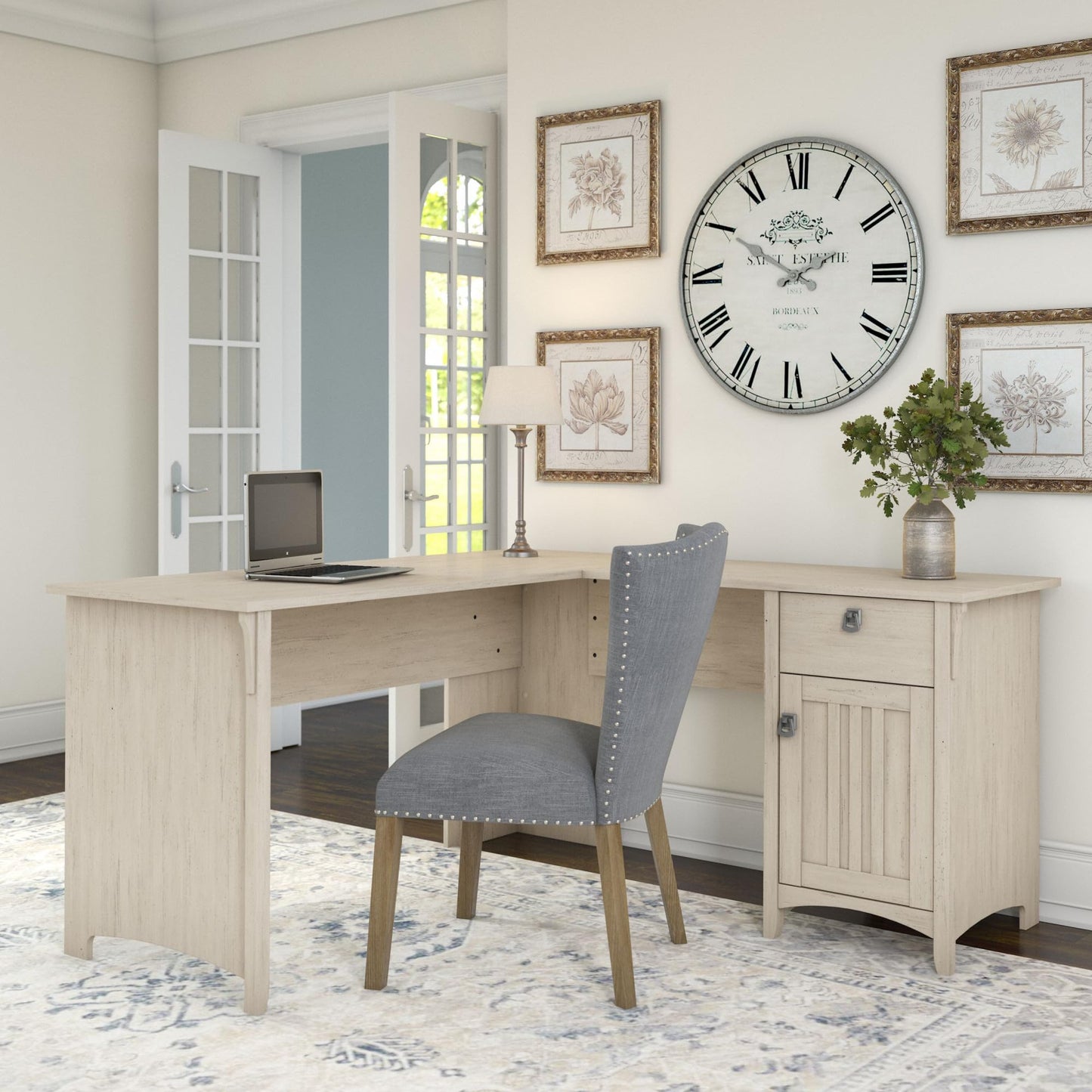 Bush Home L Shaped Desk with Storage for Home Office, Modern Farmhouse Corner Table with Drawers and Cabinets, Salinas Collection, Antique White