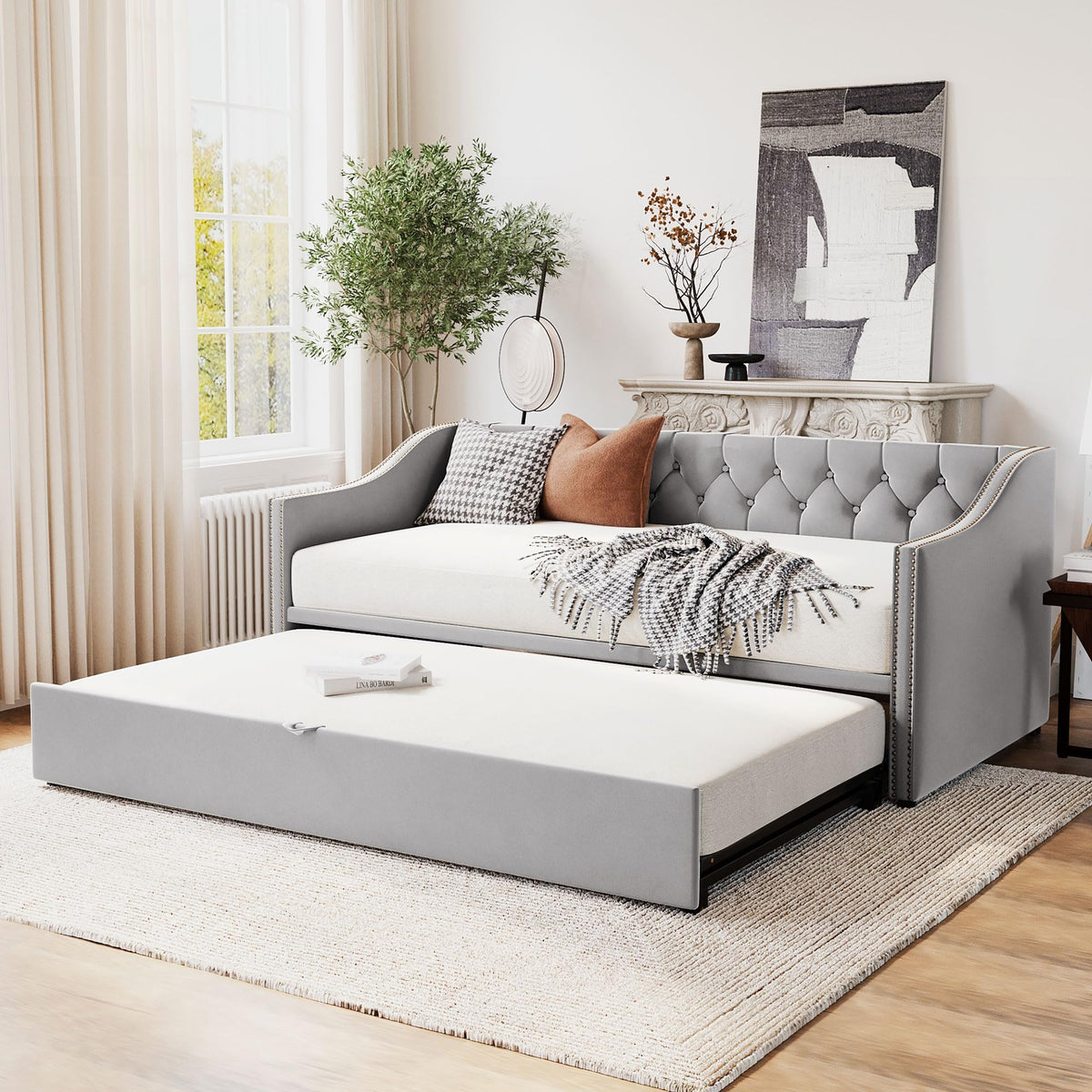 Merax Twin Size Upholstered Velvet Daybed with Pop Up Trundle, Multi-Functional Sofa Bed with Backrest and Two Armrest for Guest, Living Room, Gray
