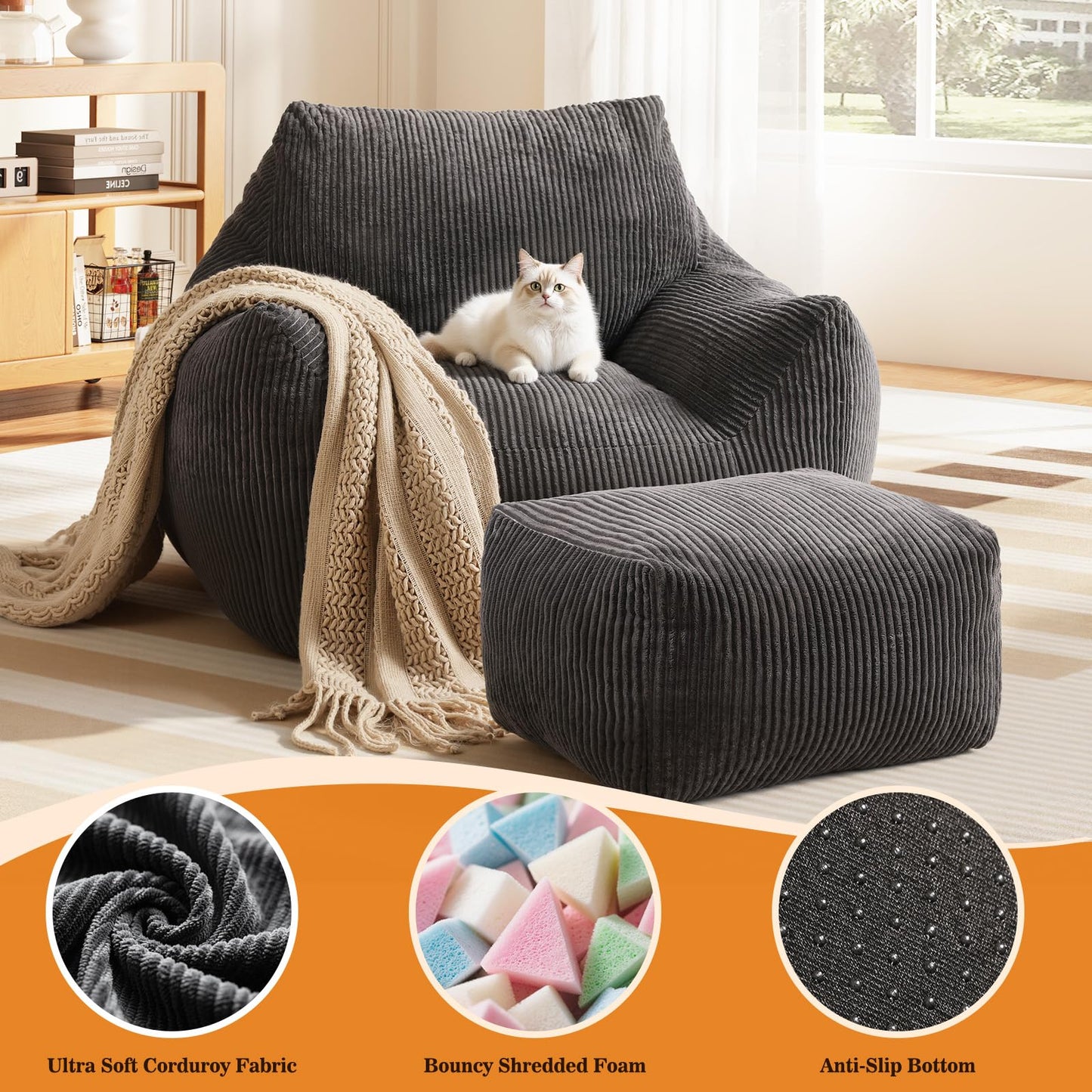 Vellorise Big Bean Bag Chair for Adults, Ultra Soft Living Room Bean Bag with Armrests & Ottoman, Stuffed BeanBag Chair for Napping, Gaming, Vacuum-Compressed for Easy Gifting, 48h to Expand Dark Gray