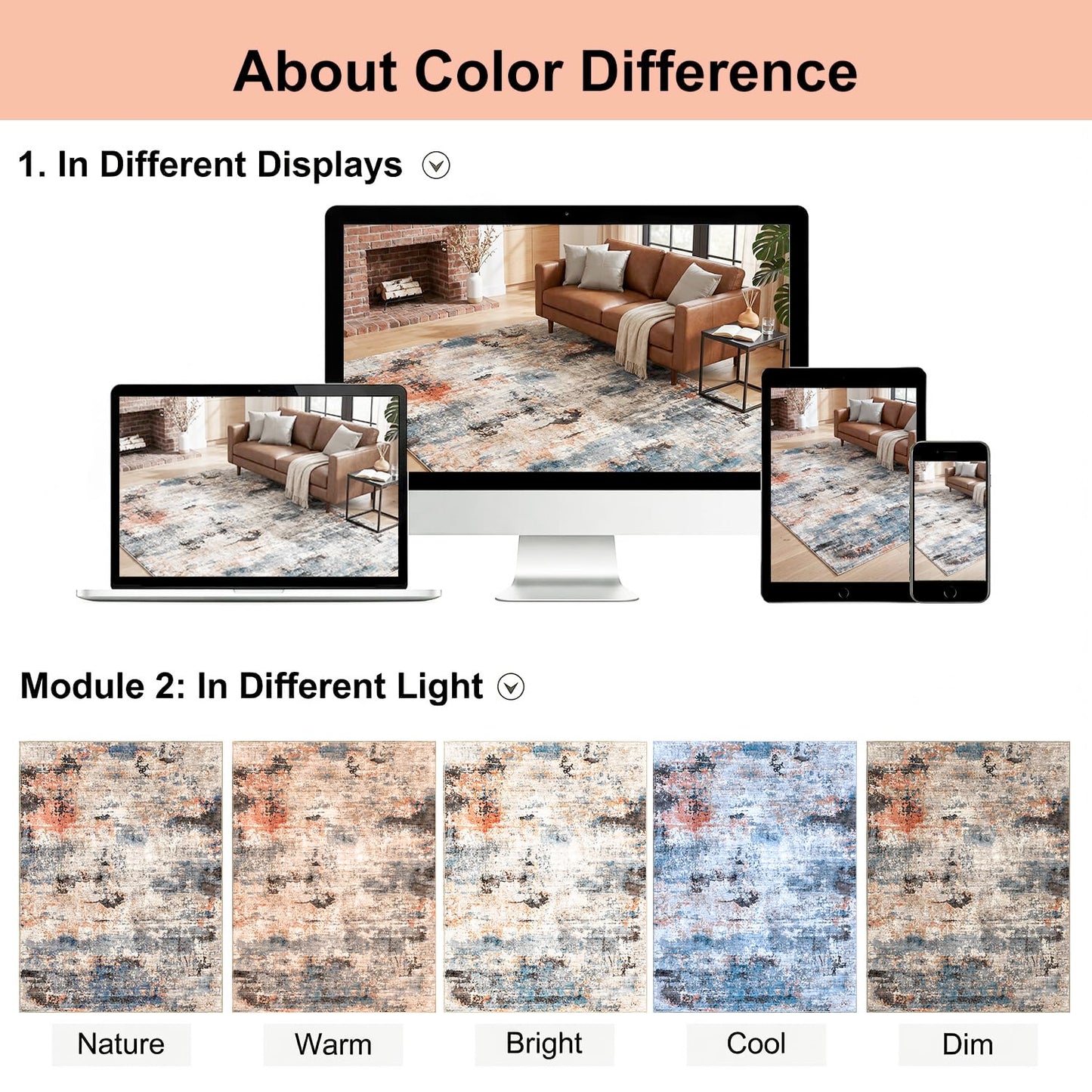 Cnythlis Low Pile Area Rug for Home Office Under Desk, Washable Abstract Carpet Robot Vacuum Compatible 0.3 Inch Cotton-Backed Non-Slip Silicone Grip Dining Room Mat, Terracotta Blue, 5'x7'