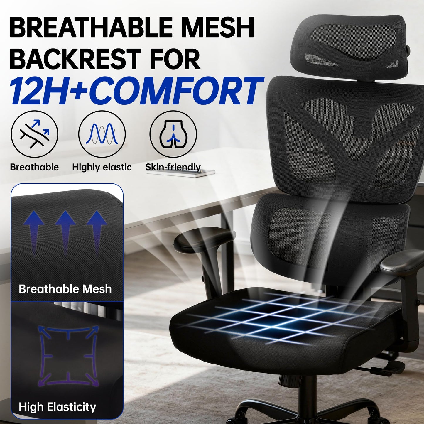 Hayelf Ergonomic Office Chair, High Back Mesh Computer Chair with Comfortable Adaptive Lumbar Support, Built-in Coat Hanger, SGS Class 4 Gas Lift, Heavy Duty 300lbs for Long Hours Home Office, Black