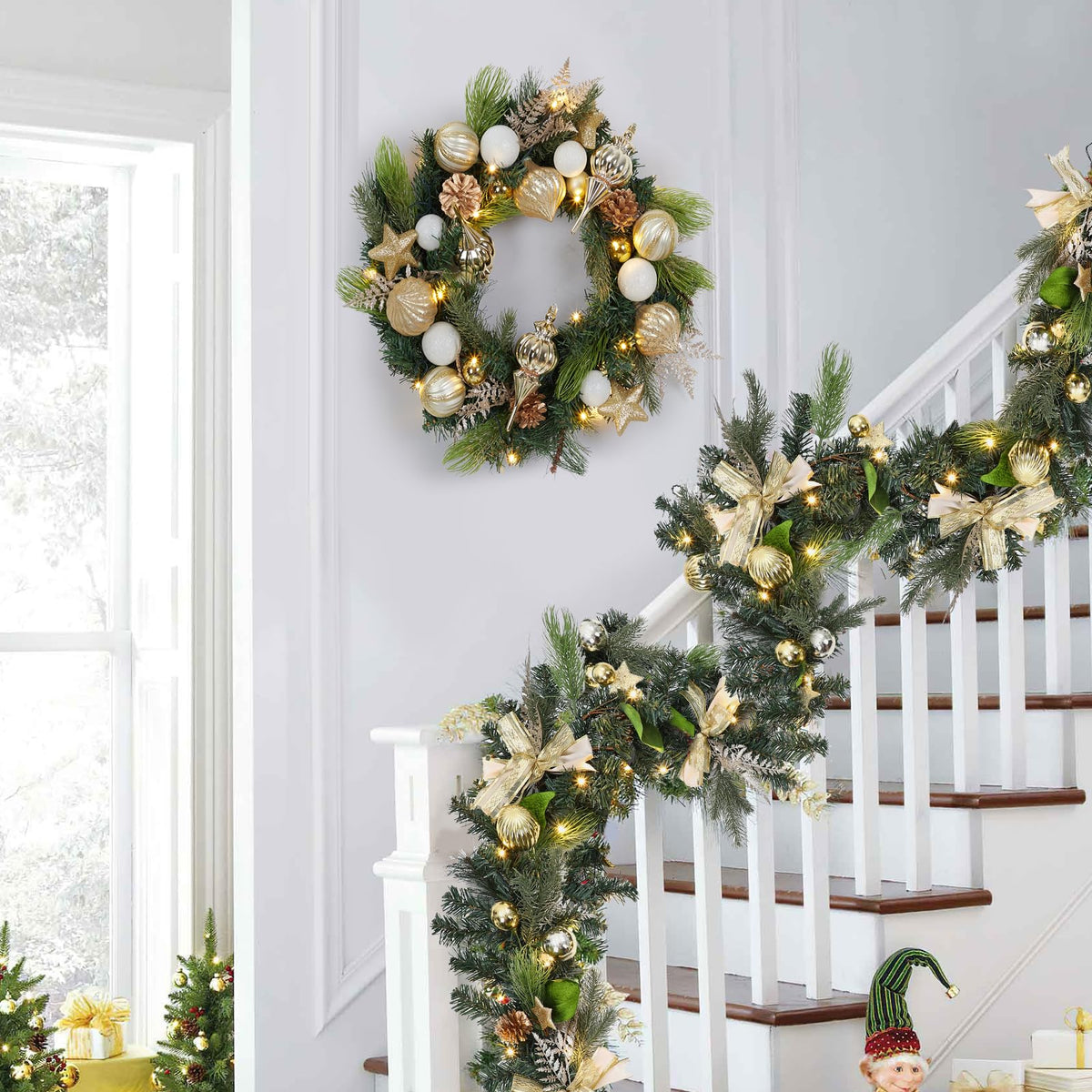 LinTimes 6 FT Pre-Lit Christmas Garland, Gold Lighted Xmas Garland with 20 LED Lights with Timer for Mantle Staircase Table, Winter Garland with Ribbon, Xmas Ball, Pine Cones, Star, Battery Operated