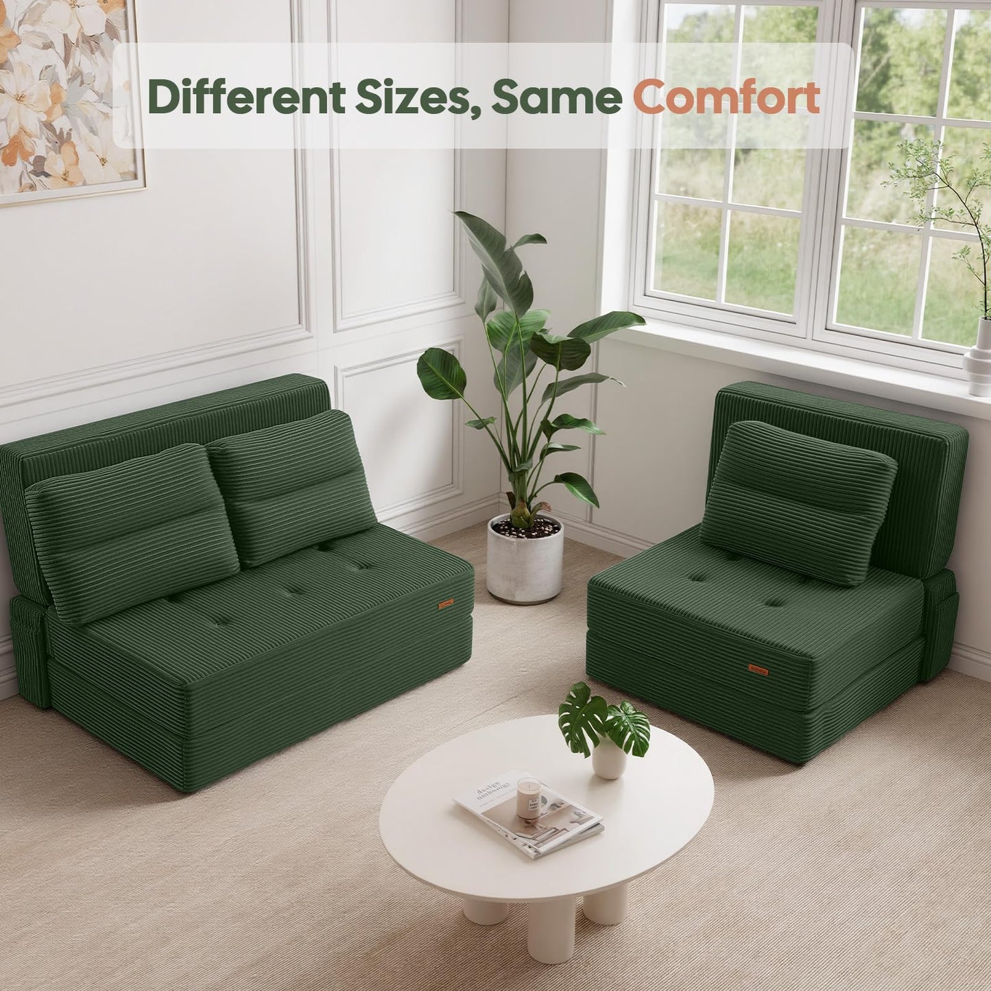 COMAX Folding Sofa Bed, Foldable Couch for Bedroom, Convertible Floor Sleeper Futon Chair Foam, Corduroy 3 in 1 Fold Out Chair Portable Comfy Lounge Couch Sofa Bed for Small Space, Twin, Green