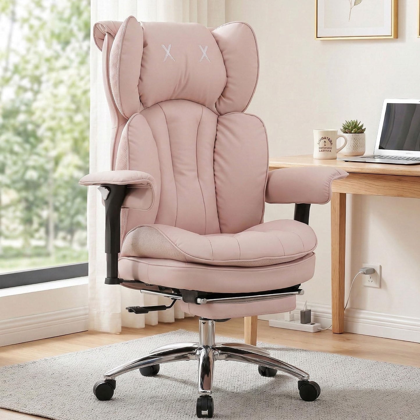Efomao Big & Tall Executive Office Chair with Footrest - 400lbs Heavy Duty High Back PU Leather Desk Chair, Modern Ergonomic Reclining Computer Chair, Pink