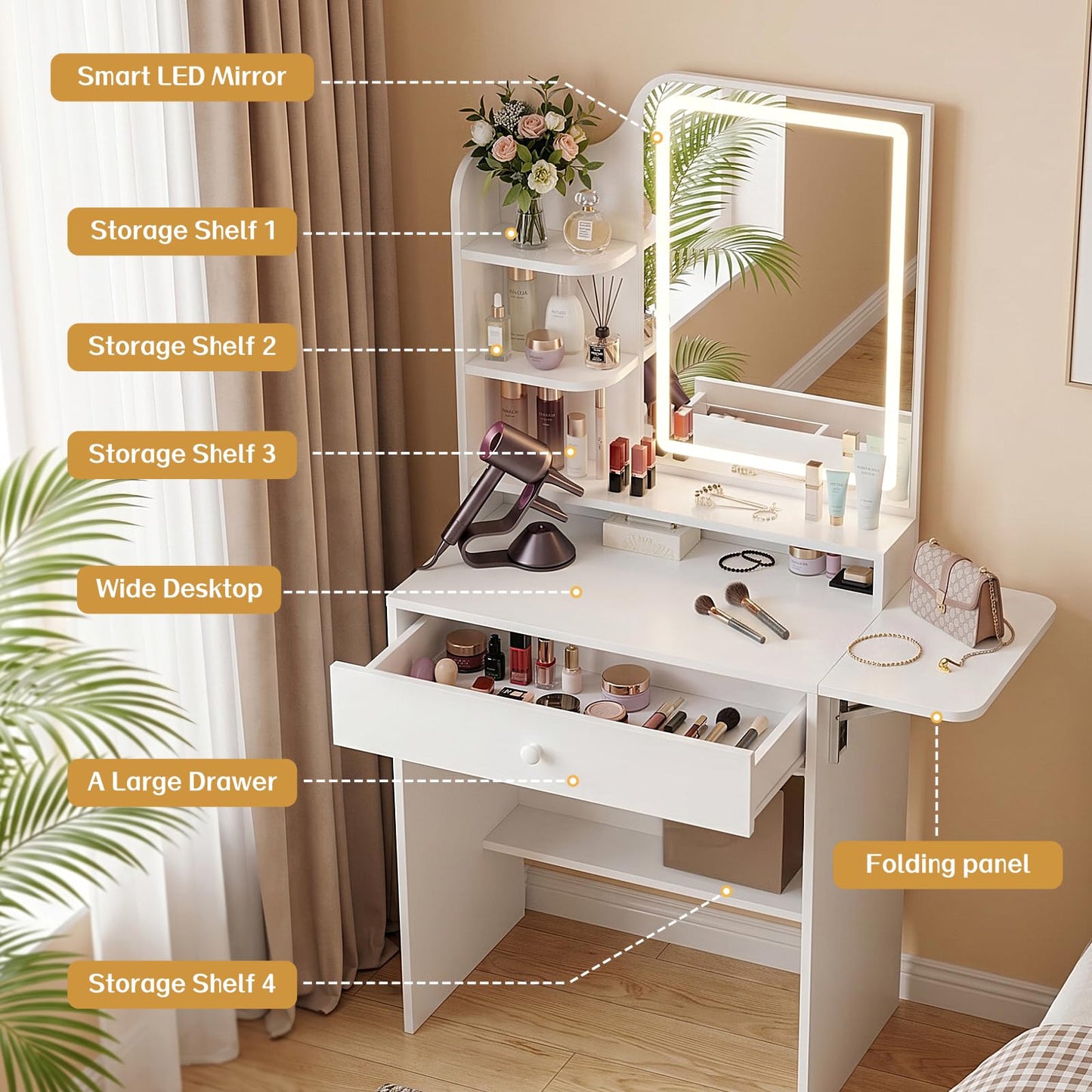 Haewon Small Vanity Desk with Lighted Mirror and Charging Station, Compact Makeup Vanity Set with 3 Lighting Modes, White Dressing Table with Storage Chair, Drawer and Shelves for Bedroom