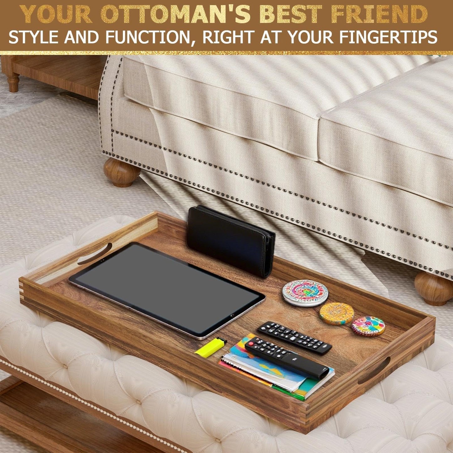 MAONAME Extra Large Ottoman Tray, 32 x 18 inches Wooden Serving Tray for with Handles, Acacia Wood Serving Platter Trays for Living Room, Breakfast