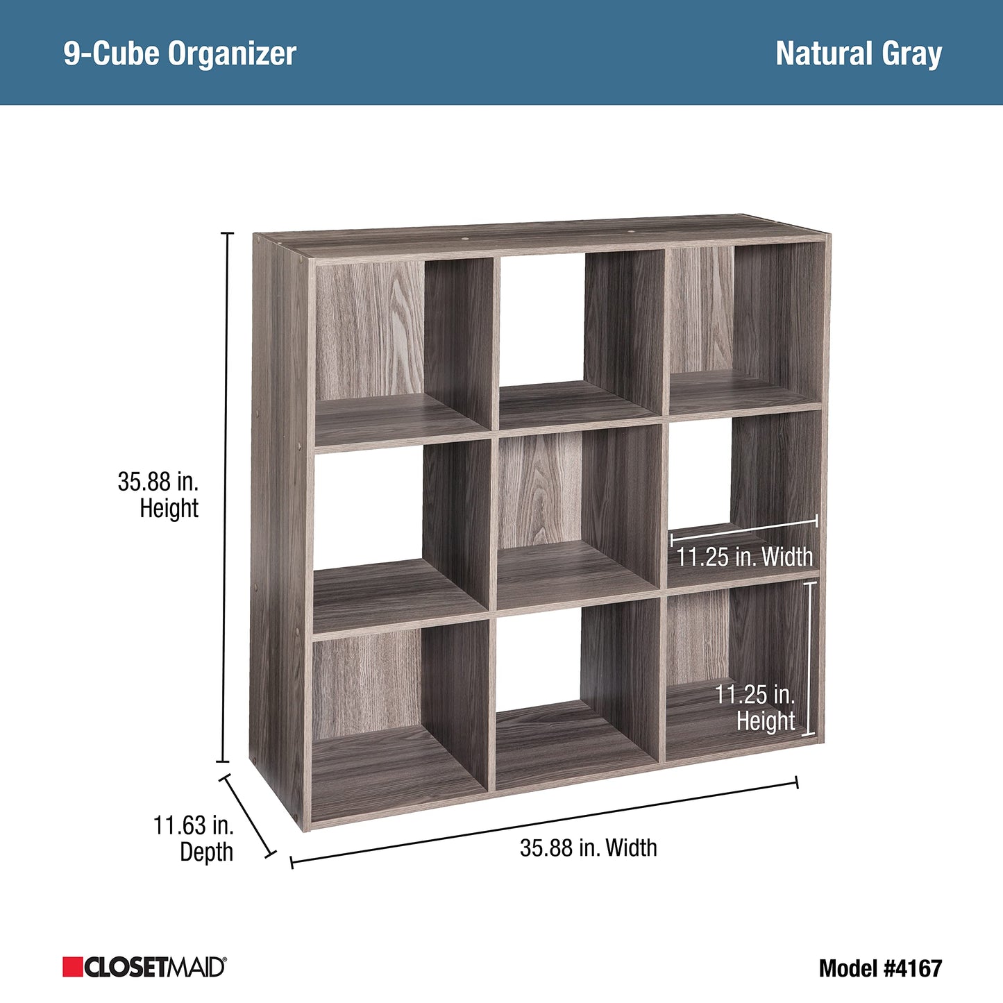 ClosetMaid Cubeicals 9 Cube Storage Shelf Organizer Bookshelf, Stackable, Square Shape, Easy Assembly, Wood, Natural Gray Finish