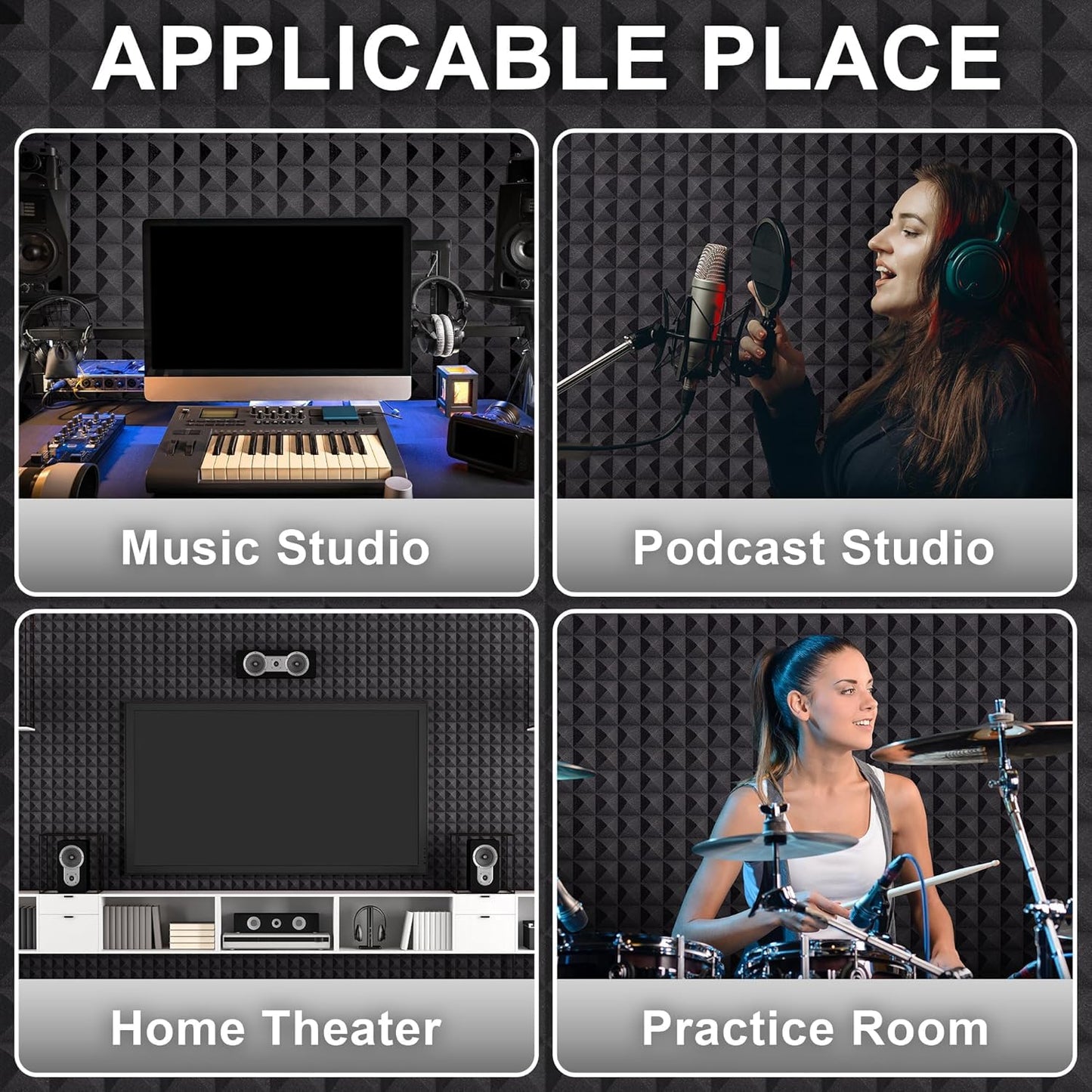 Foneso Acoustic Foam Panels, 12''x12''x2'' High Density Sound Proof Foam Panels for Walls, Pyramid Designed Acoustic Panels Sound Absorbing for Sound Studio, Podcast Recording and Offices (12Pack)