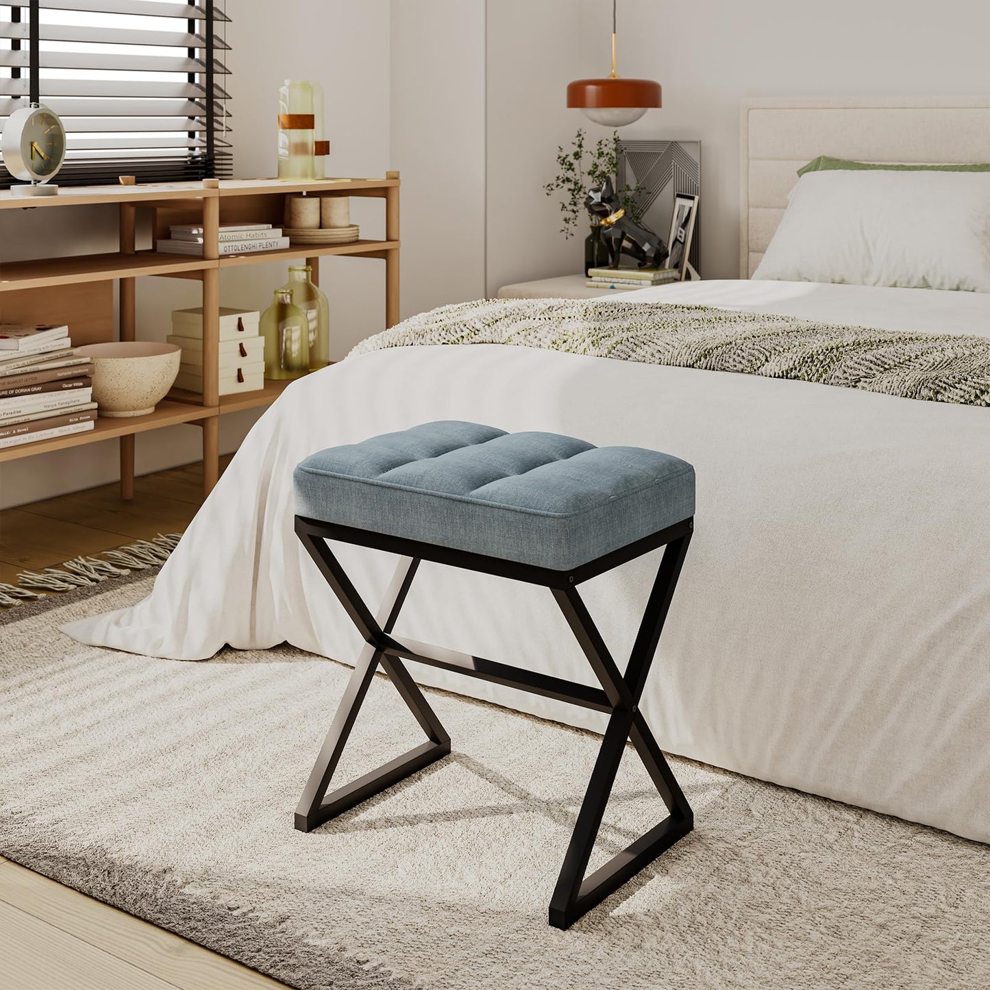 YMYNY Vanity Stool, Linen Footrest Stool, Ottoman Bench with X-Shaped Metal Legs, Makeup Dressing Stool for Vanity, Living Room, Bedroom, Entryway, Hallways 15.74"D×11.81"W×18.11"H Blue Gray UHBD033L