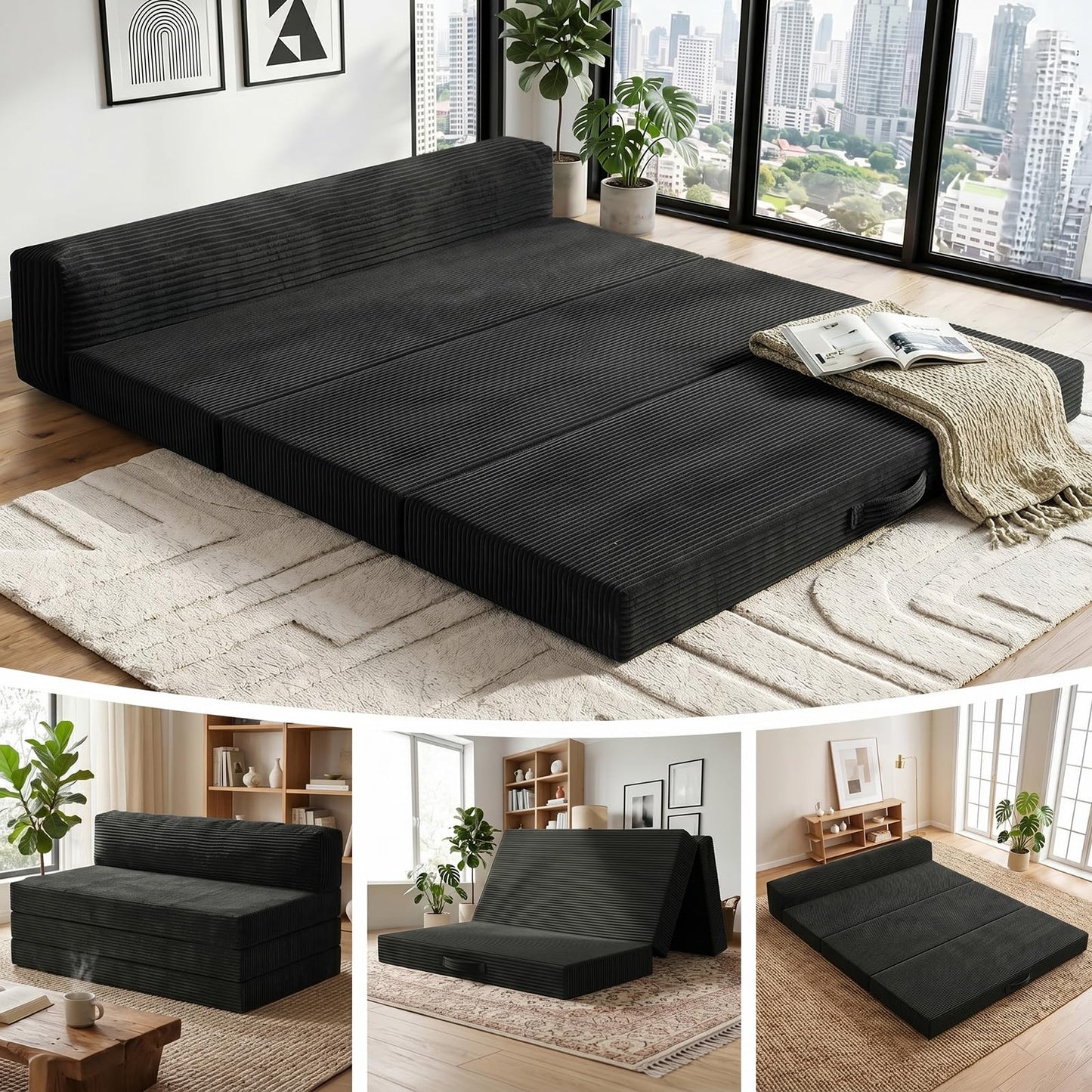JUIKURY 5 in 1 Foldable Floor Sofa Bed, Tri-Fold Memory Foam Futon Mattress, Convertible Sleeper Couch Guest Bed, Portable Fold Out Sofa Couch for Living Room Apartment Office Guest Room