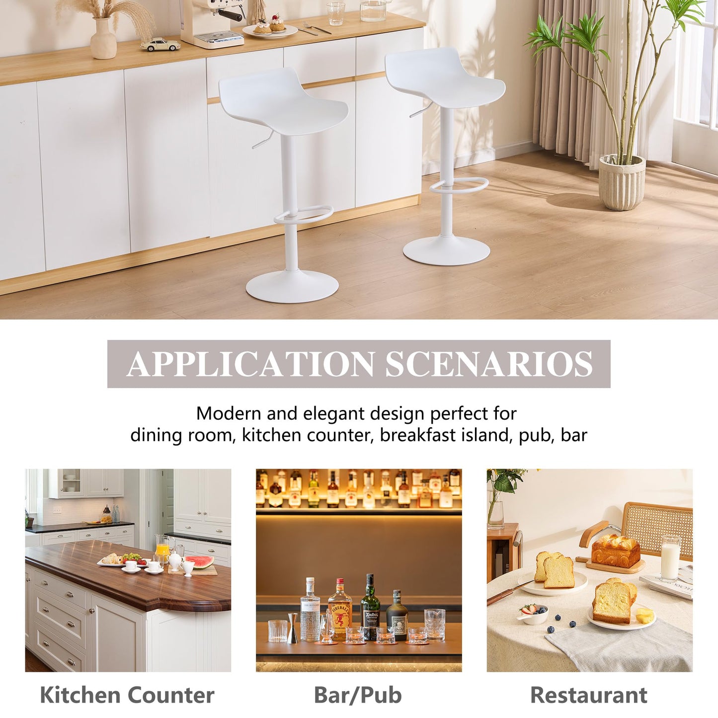 YOUNIKE White Adjustable Height Bar Stools Set of 2 Plastic Swivel Barstool with Low Back Modern Kitchen Counter Island Bar Chairs for Breakfast Nook Cafe Bars Office