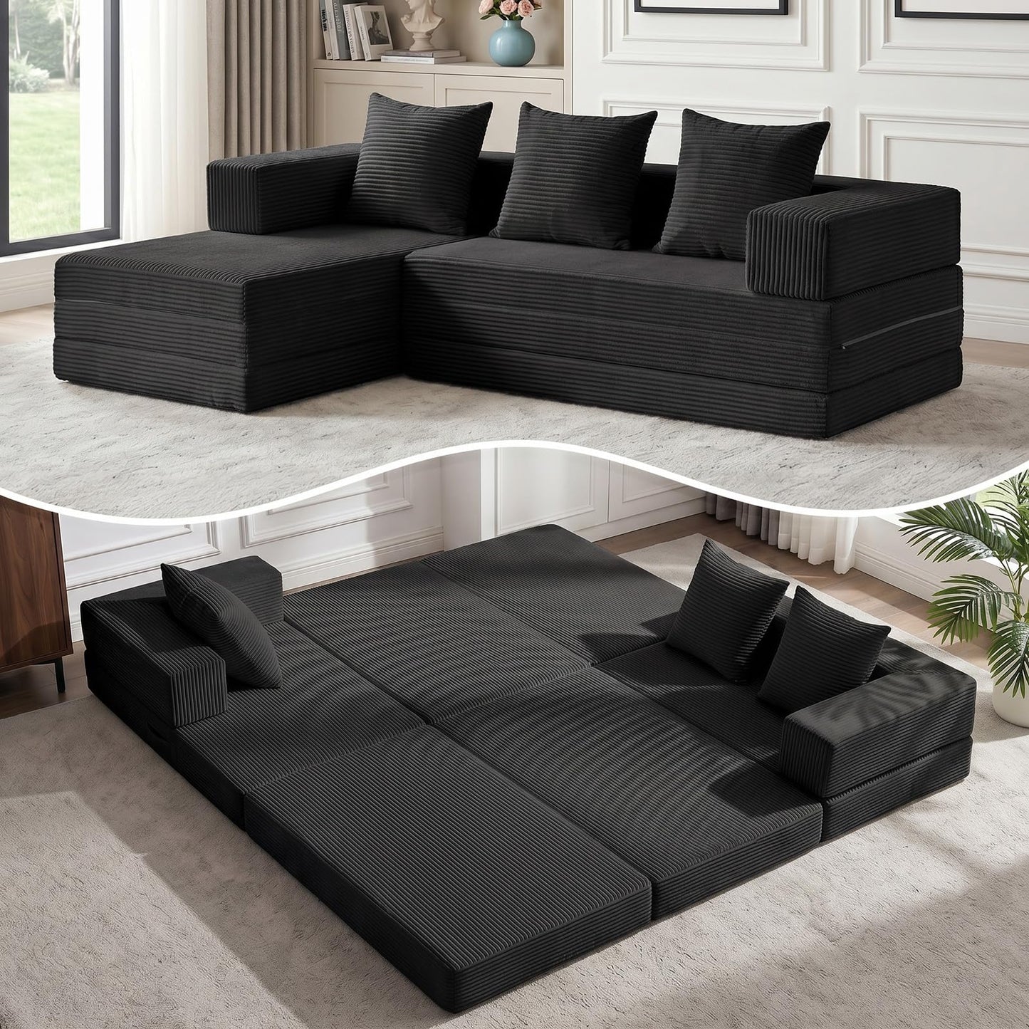 79" Modular Sectional Sofa, Boneless Convertible Sleeper Sofa Bed, Modern Tri-Folding Cloud Couch with L-Shape Chaise, Corduroy Futon for Living Room Small Spaces Apartment, No Assembly