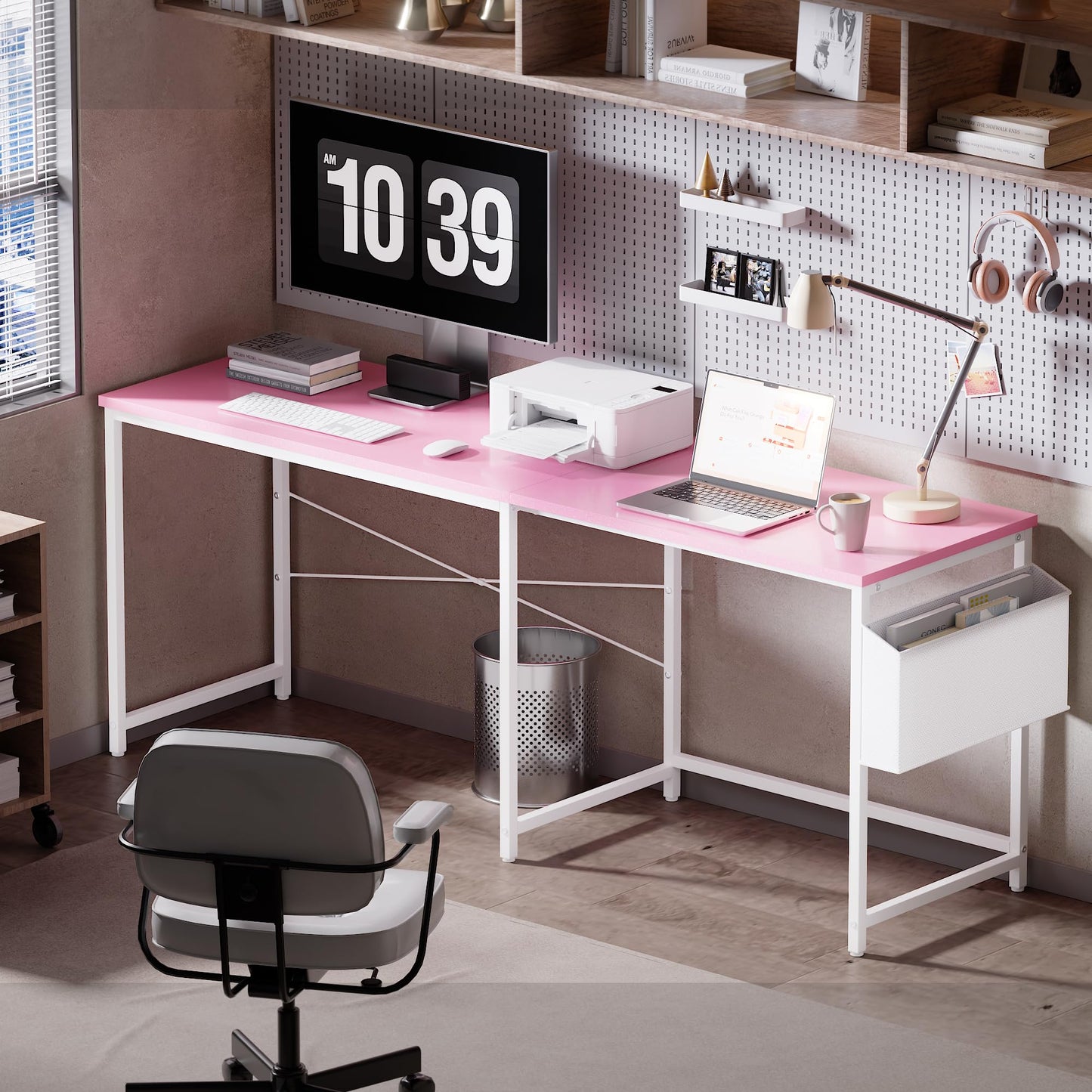 Pamray 47 Inch Reversible L Shaped Gaming Desk Corner Computer Desk with Storage Bag Home Office Table for Writing Study Pink