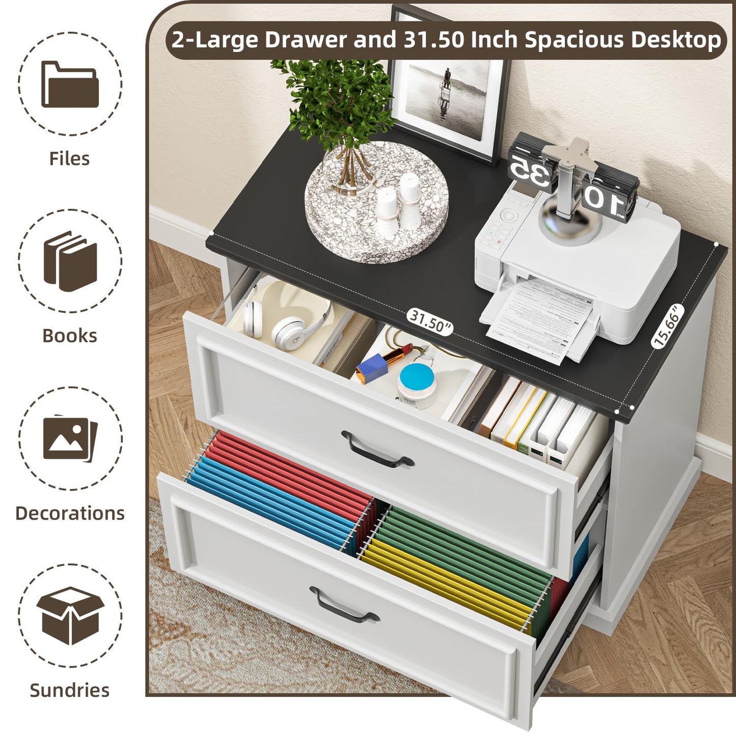 Halitaa 2 Drawer File Cabinet, Farmhouse Lateral Filing Cabinet for Letter/A4/Legal Size Hanging Files, Large Wood File Storage Cabinets Printer Stand for Home Office, White and Black
