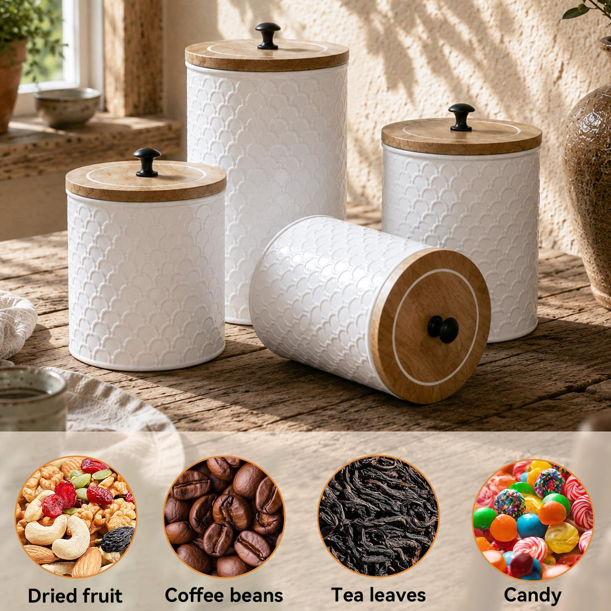 MODE HOME White Metal Kitchen Canister Set of 4 with Wooden Lids, Embossed Fish Scale Storage Containers for Coffee, Tea, Candy & Pet Treats, Farmhouse Decorative Food Jars