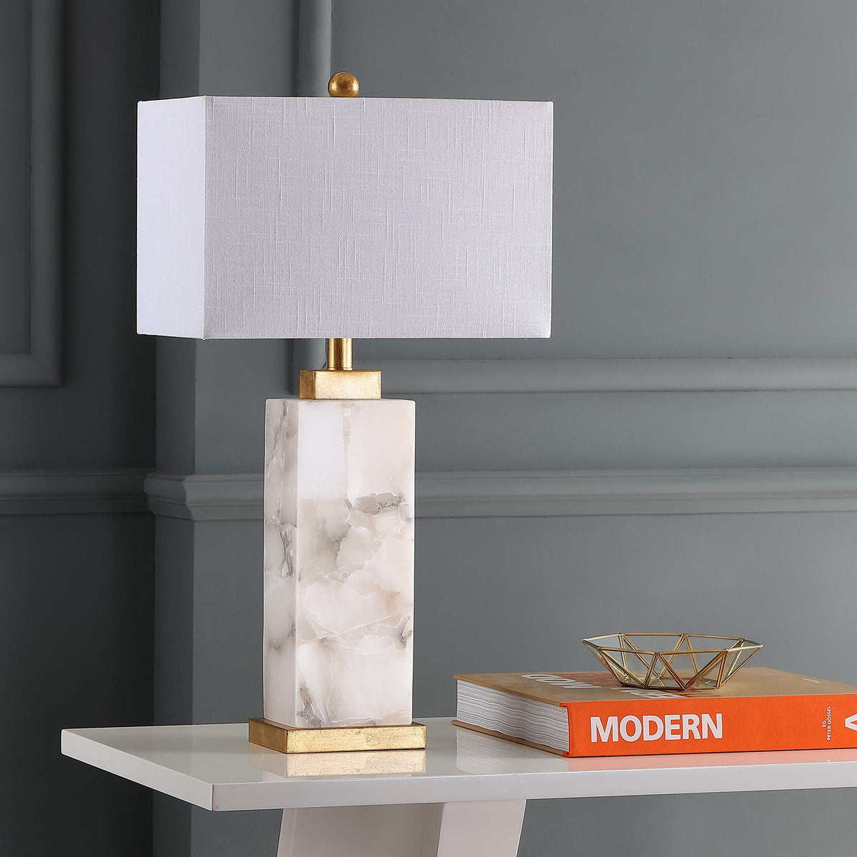 JONATHAN Y 27.5" White/Gold Modern Alabaster Rectangular Table Lamp with Night Light Contemporary Coastal Bedside Lamp for Bedroom with White Linen Shade LED Bulbs Included JYL6201A