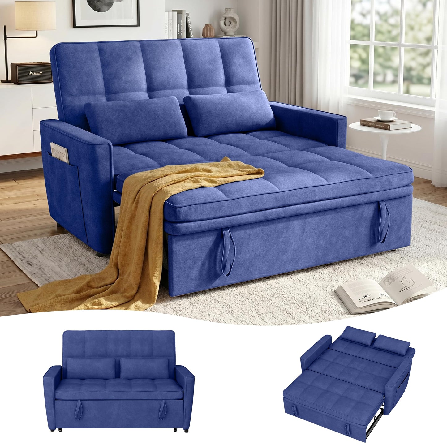 tiramisubest 54'' Sleeper Sofa Bed, Convertible Pull Out Couch Futon for for Living Room,Apartment (Blue, Loveseat) Side Pockets, Velvet Fabric, Adjustable Backrest, Pull-Out Bed, Easy Assembly