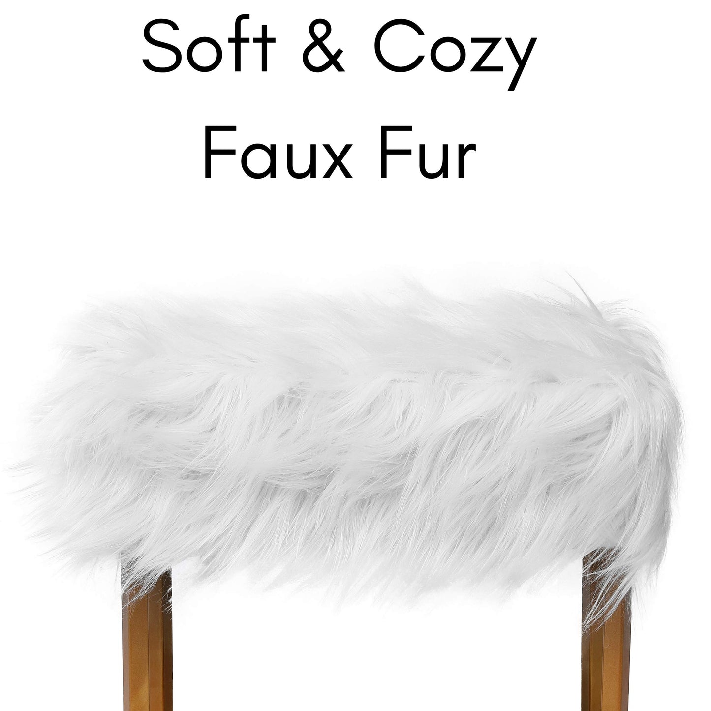 BIRDROCK HOME Rectangular Faux Fur Vanity Foot Stool Ottoman with Metal Legs - Small Soft Padded and Fluffy Makeup Seat or Foot Rest for Bedroom, Desk, or Dressing Table (White and Pale Gold)