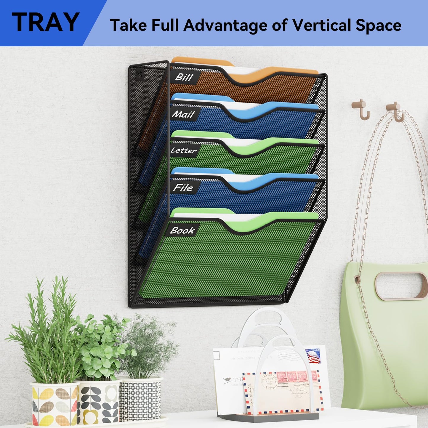GDINDINFAN 5 Pockets Hanging Wall File Organizer Mail Holder, Wall Mounted Paper Document Folder Holder, Clipboard Storage Organization Magazine Rack, Black