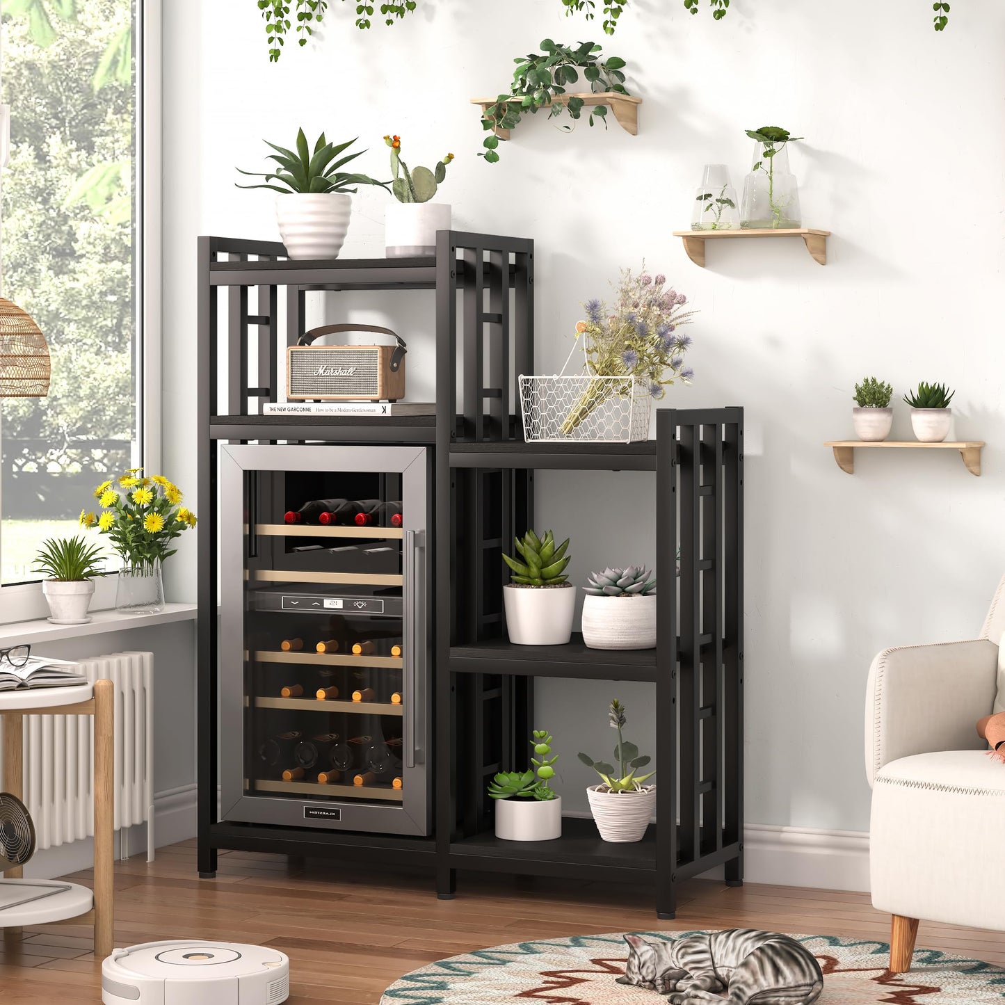 YCHF 6-Tier Kitchen Bakers Rack,Mini Fridge Shelf with Storage, Mini Fridge&Microwave Oven Stand Table,Coffee Bar,Adjustable Kitchen Shelves Freestadning for Home Office (Black Wood Grain)