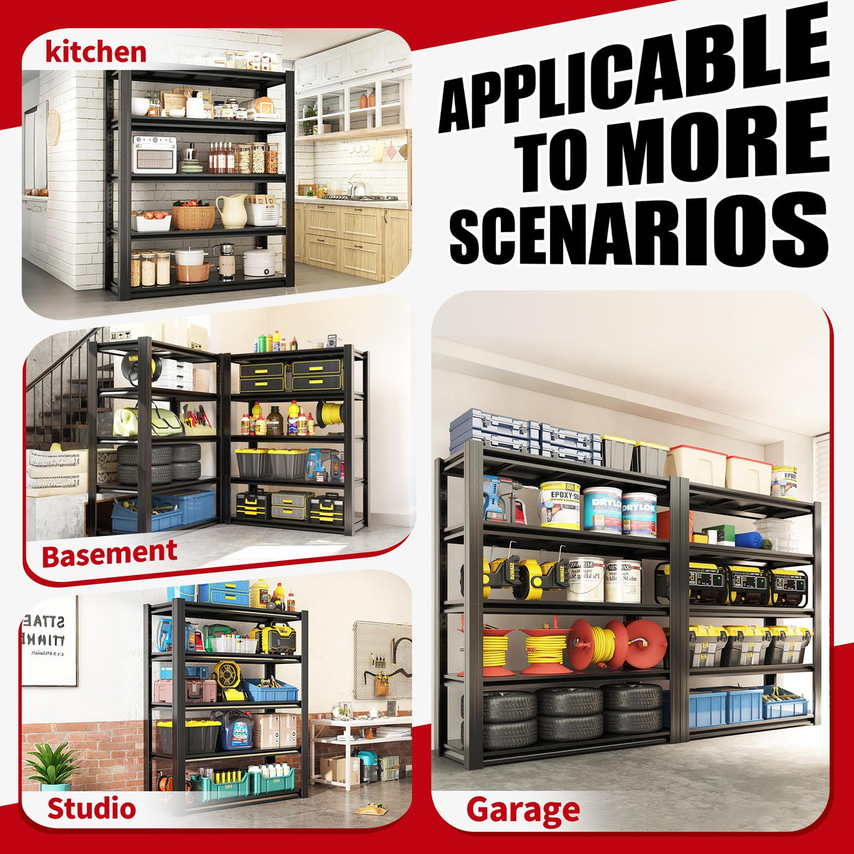 FOSTOKO Storage Shelves, 5-Tier Garage Shelving, Adjustable Heavy Duty Shelving Units, Metal Industrial Utility Organizer Storage Racks for Basement, Kitchen, Warehouse, Pantry,16" D×36" W×72" H