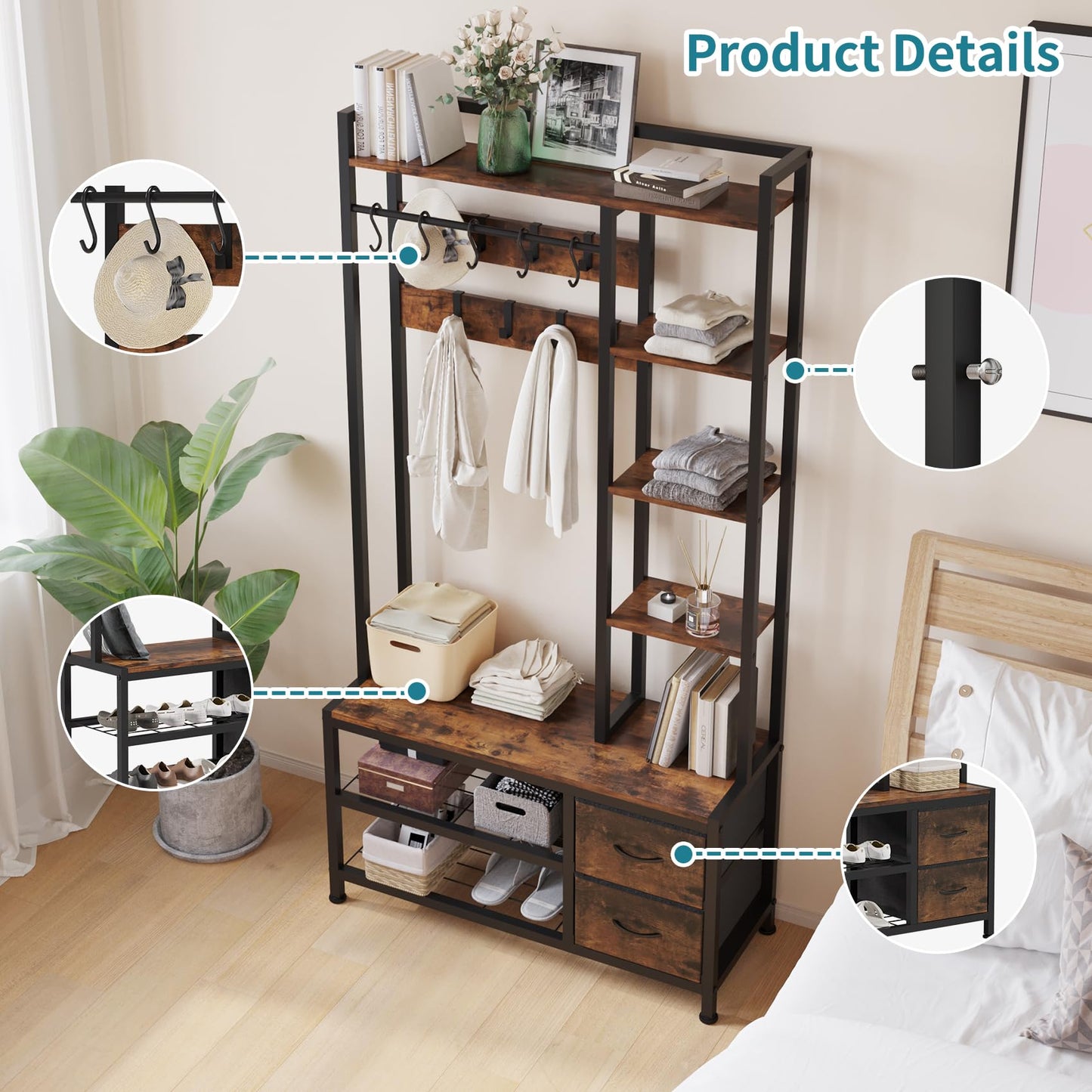 LUMTOK Hall Tree with Bench Storage and Shoes Storage, Hall Tree with Drawers and Shelves for Bedroom, 6-in-1 Entryway Organizer with Shelves, Living Room, Entryway, Closets (Rustic Brown)