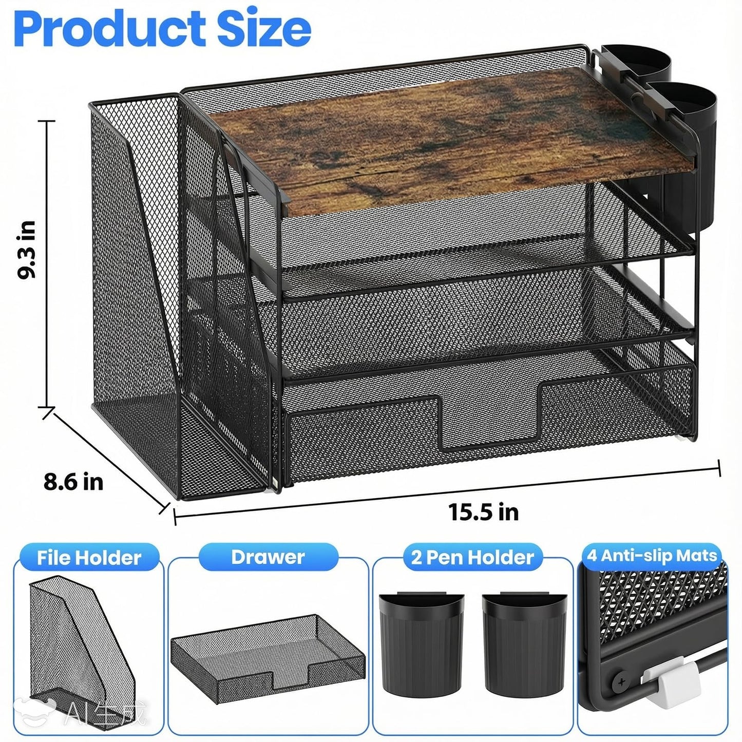 OPNICE Wood Desk Organizers and Accessories, 4-Tier Desktop File Organizer with Drawer and 2 Pen Holders, Office Desk Accessories Workspace Organizers for Office Supplies(Wood)