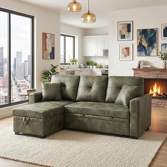 L Shaped Sectional Couch with Storage and Pull Out Bed, 3 Seater Sleeper Sofas