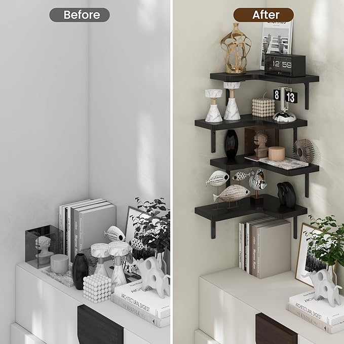 Venusmiles Corner Floating Shelves Set of 4, Wall Mounted L-Shaped Storage