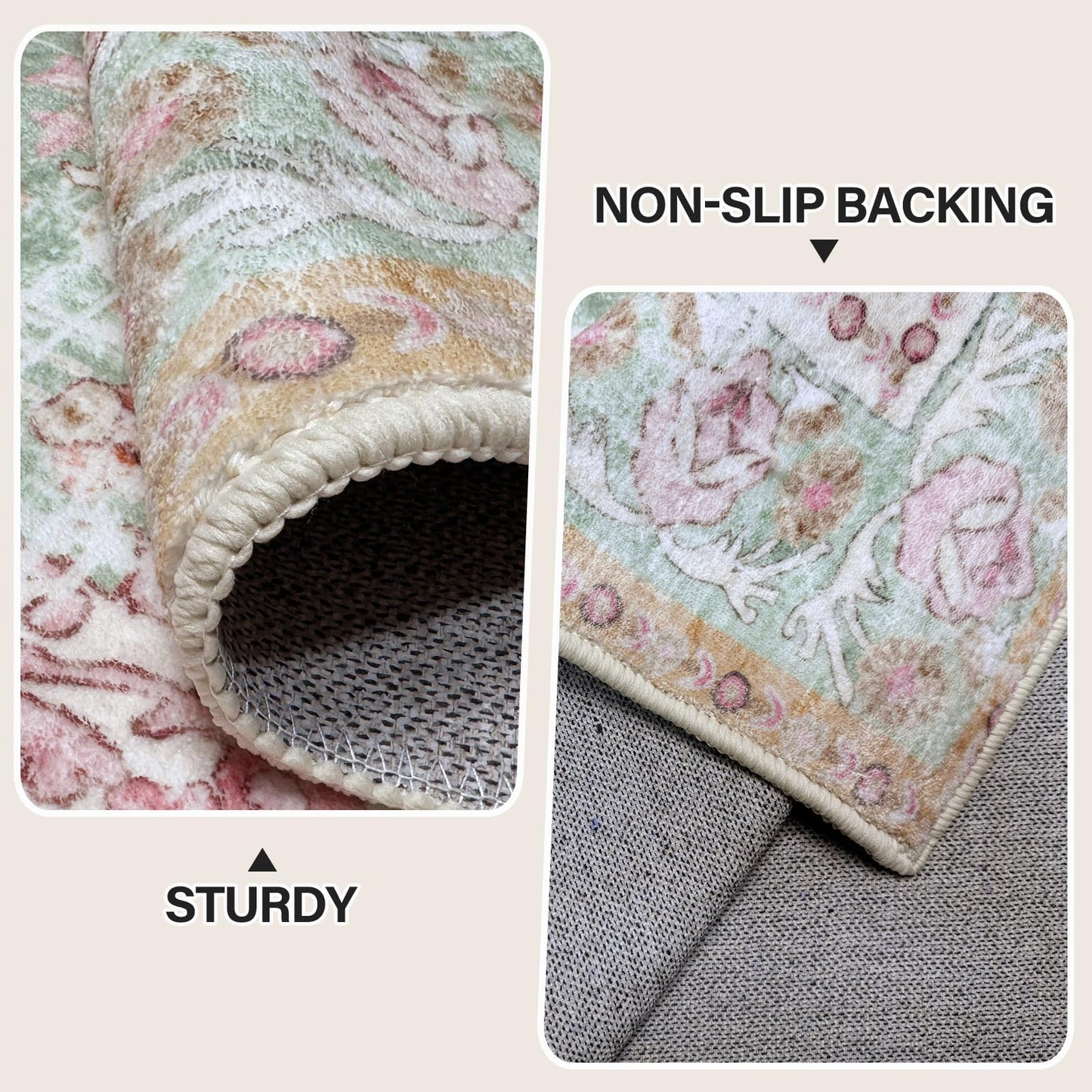 Vhong Washable Area Rugs Boho Vintage Modern Neutral Large Carpet Green and Pink High Traffic Rugs 6×9 for Dinning Room Living Room Bedroom Farmhouse Non Slip