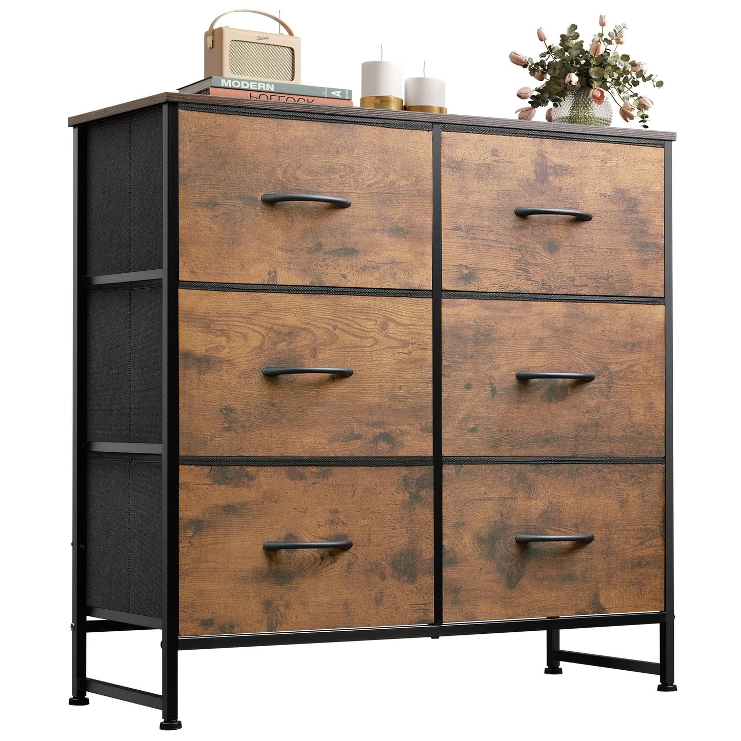 WLIVE Dresser for Bedroom with 6 Drawers, Closet Dresser with Metal Frame, Wooden Top, Fabric Dresser for Closet, Living Room, Hallway, Rustic Brown Wood Grain Print