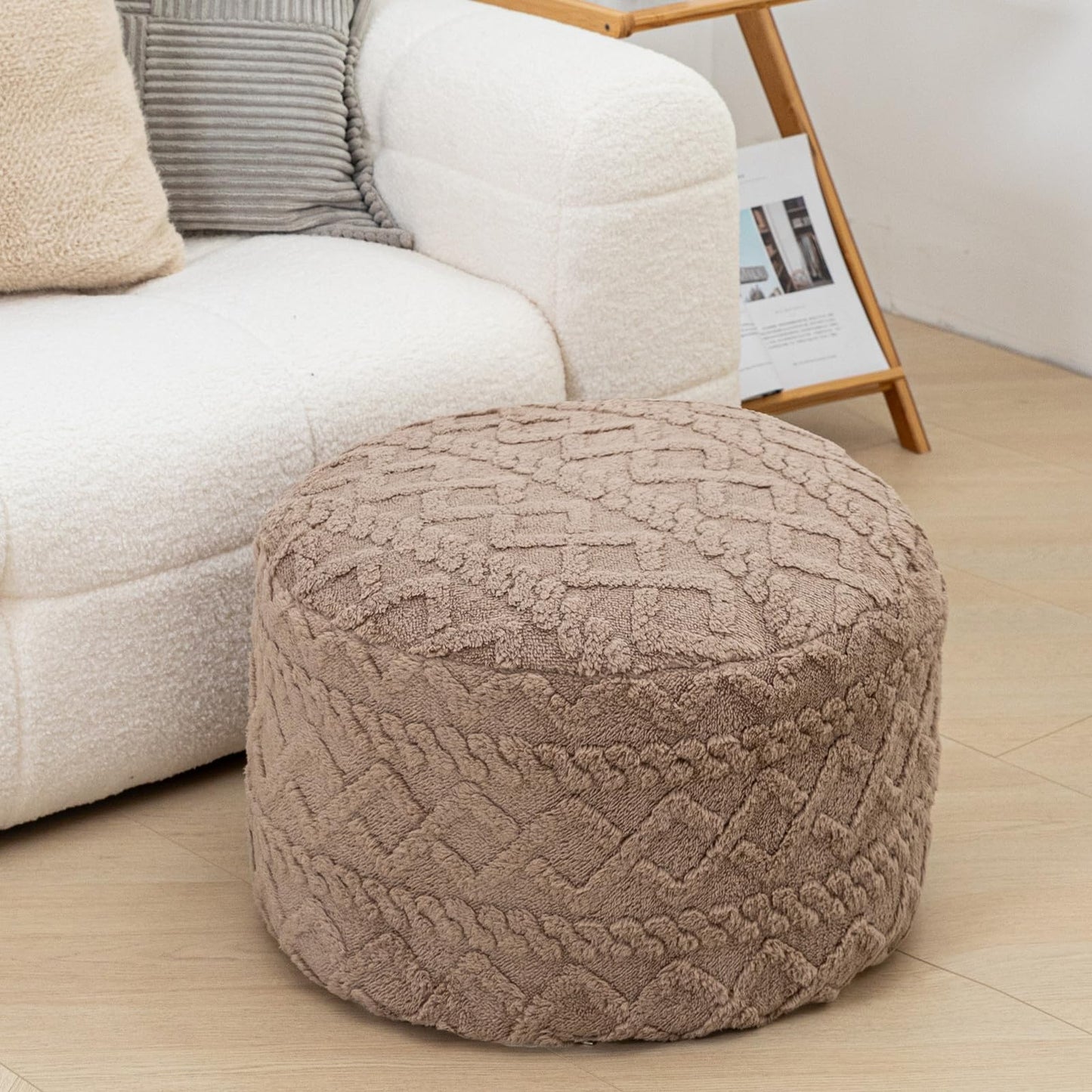 Poofieotto Round Ottoman Stuffed 20x12 Inches Floor Pouf Chair for Living Room Bedroom Modern Foam Pouf Ottoman Foot Rest for Couch Home Décor Pouffe (Light Coffee Pouf with Filler)
