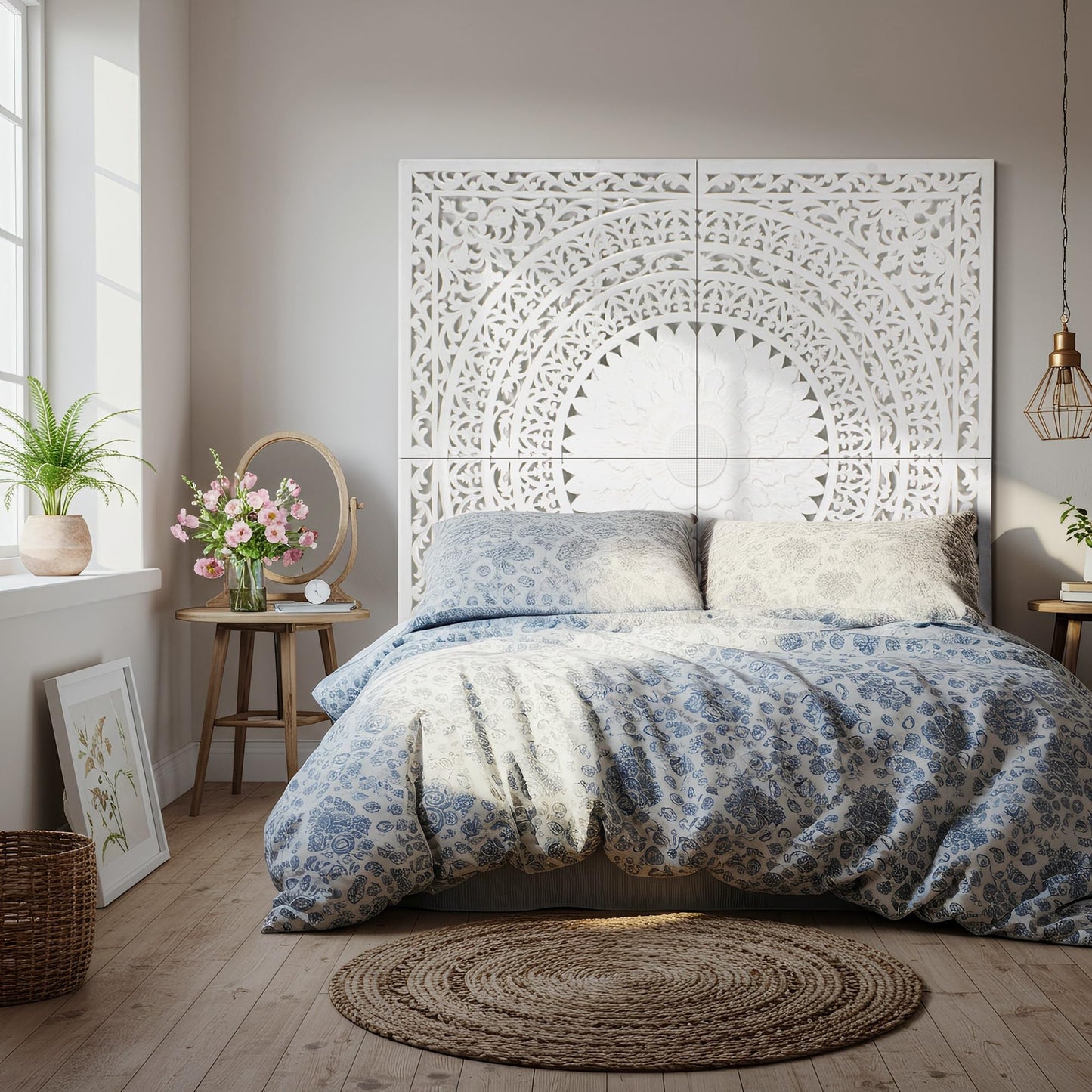 KultureDeco Queen Headboard Panels 59x59 in, Seruni White Hand Carved, Made in Bali Indonesia, Wall Mounted Behind Bed, 4 Panels + Hardware