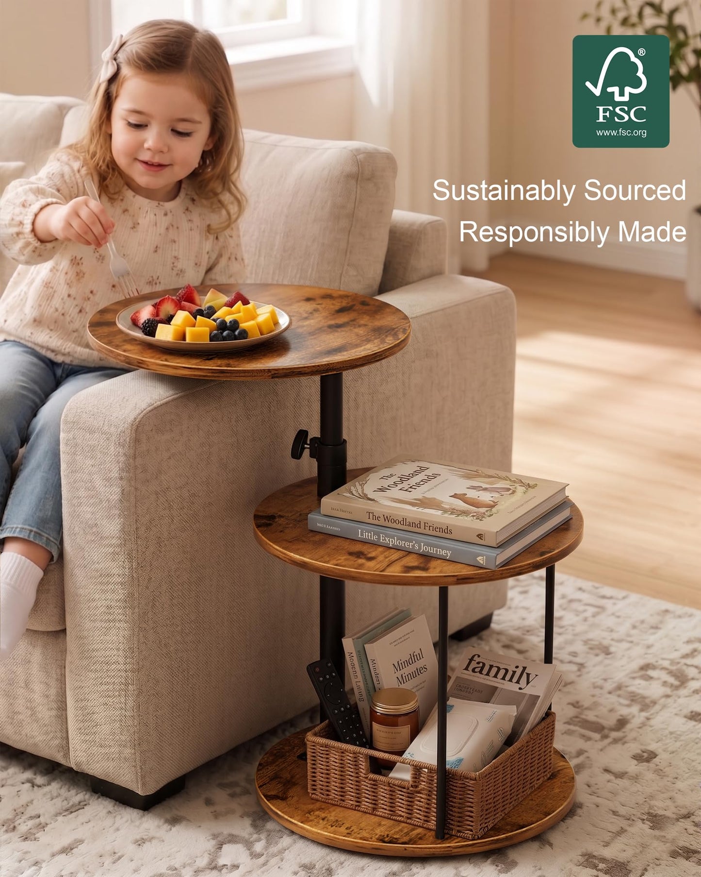 Faesun Swivel Round Table for Couch Arm, Height Adjustable C Shaped End Table for Recliner or Bed, Tv Trays with Storage Shelf for Small Spaces- Small Nightstand for Living Room, Bedroom, Rustic